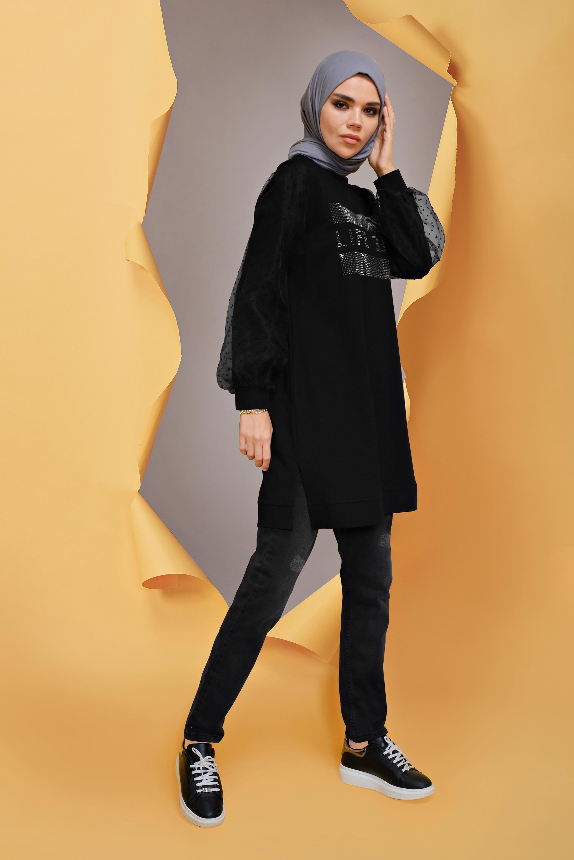 Tesettür giyim SİYAH TÜL DETAYLI TAŞ BASKILI EŞOFMAN TUNİK 41634 