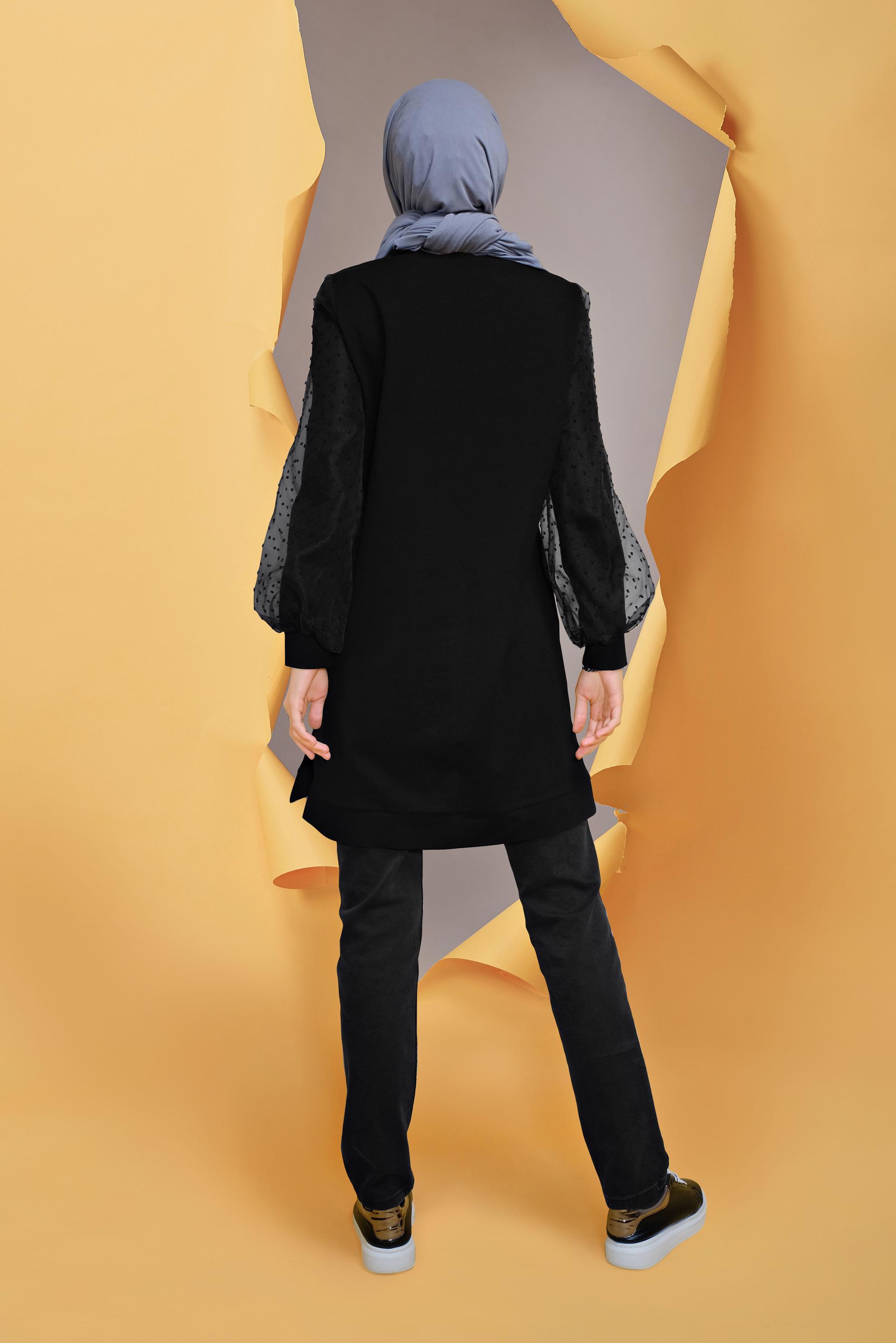 Tesettür giyim SİYAH TÜL DETAYLI TAŞ BASKILI EŞOFMAN TUNİK 41634 