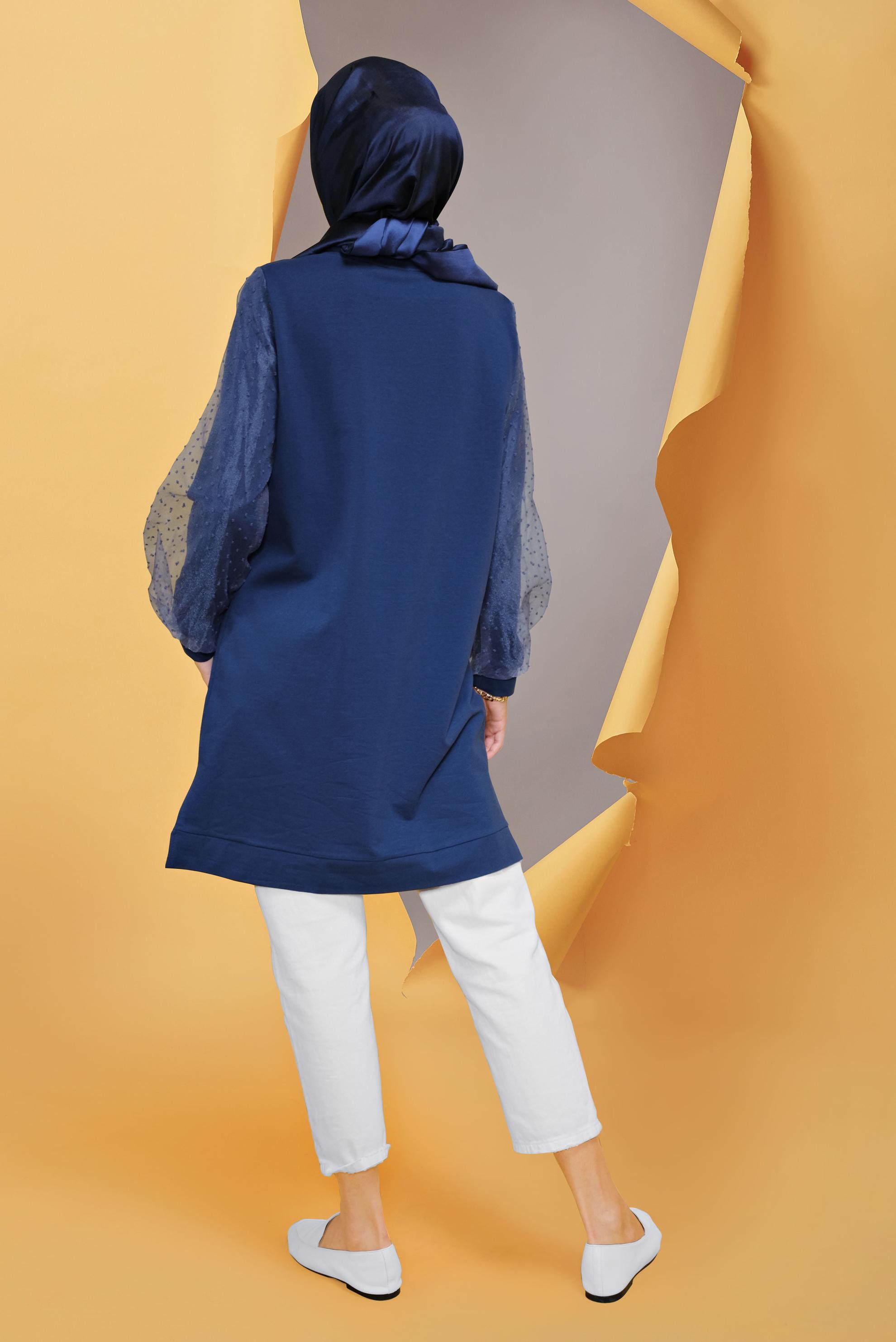 Tesettür giyim LACİVERT TÜL DETAYLI TAŞ BASKILI EŞOFMAN TUNİK 41634 