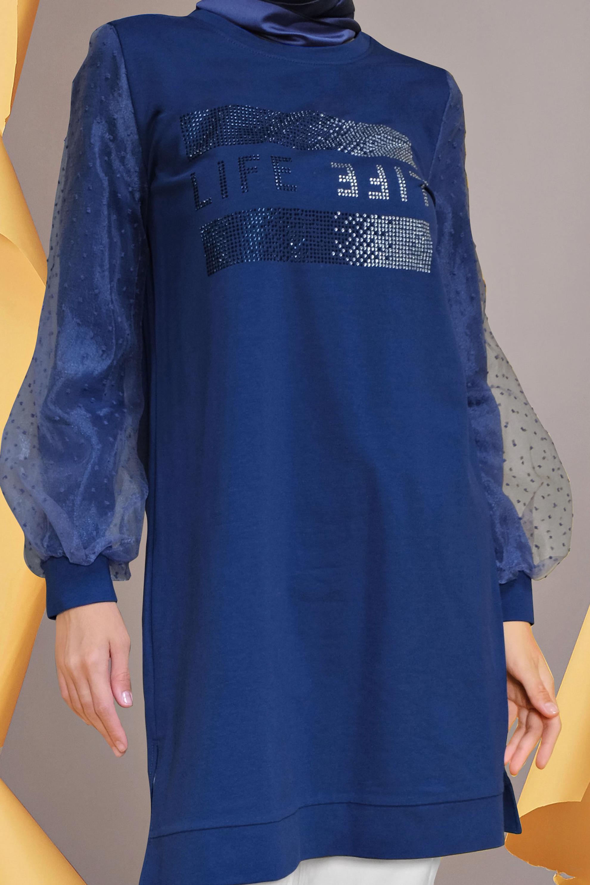 Tesettür giyim LACİVERT TÜL DETAYLI TAŞ BASKILI EŞOFMAN TUNİK 41634 