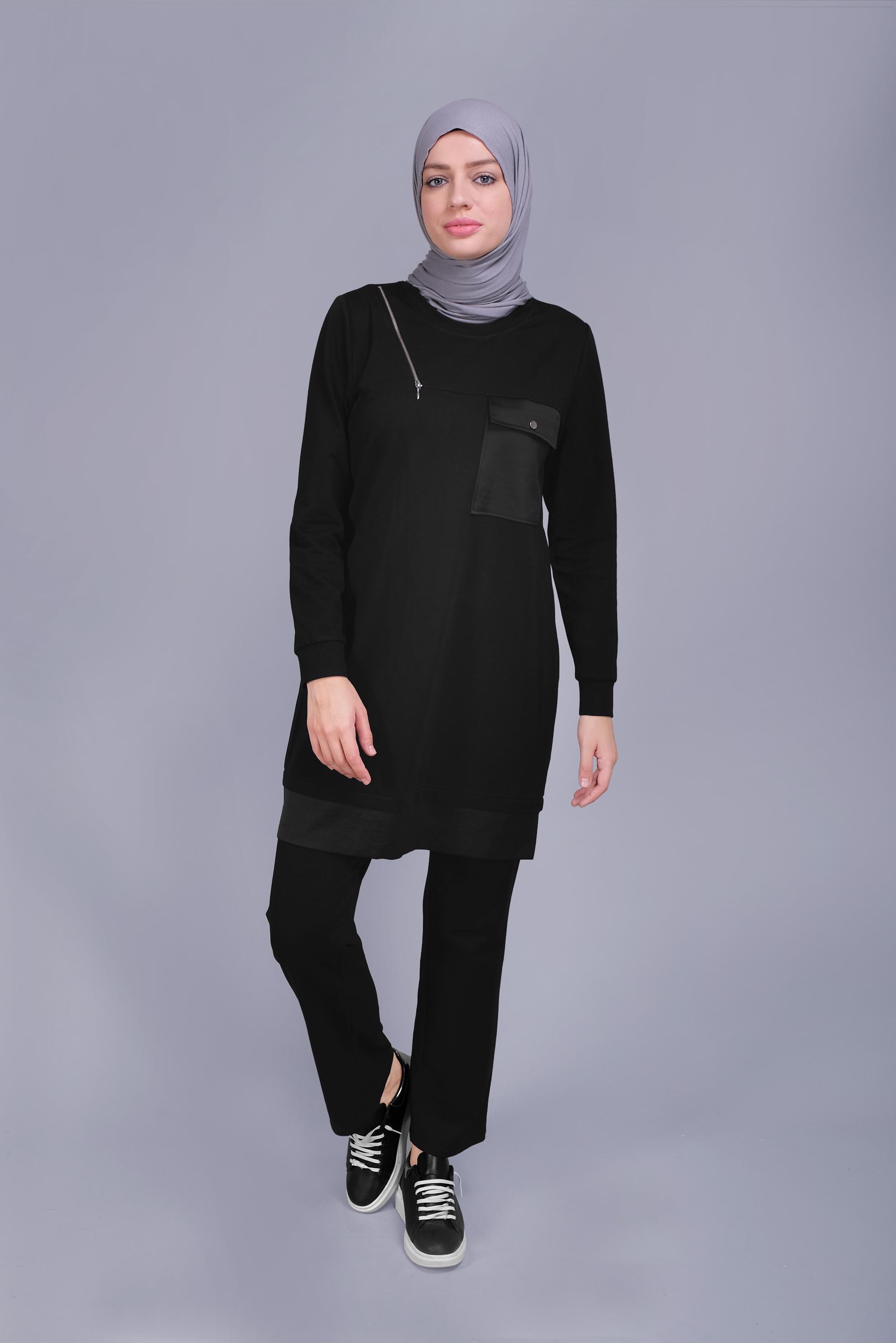 Tesettür giyim SİYAH FERMUARLI CEPLİ EŞOFMAN TAKIM 41636 