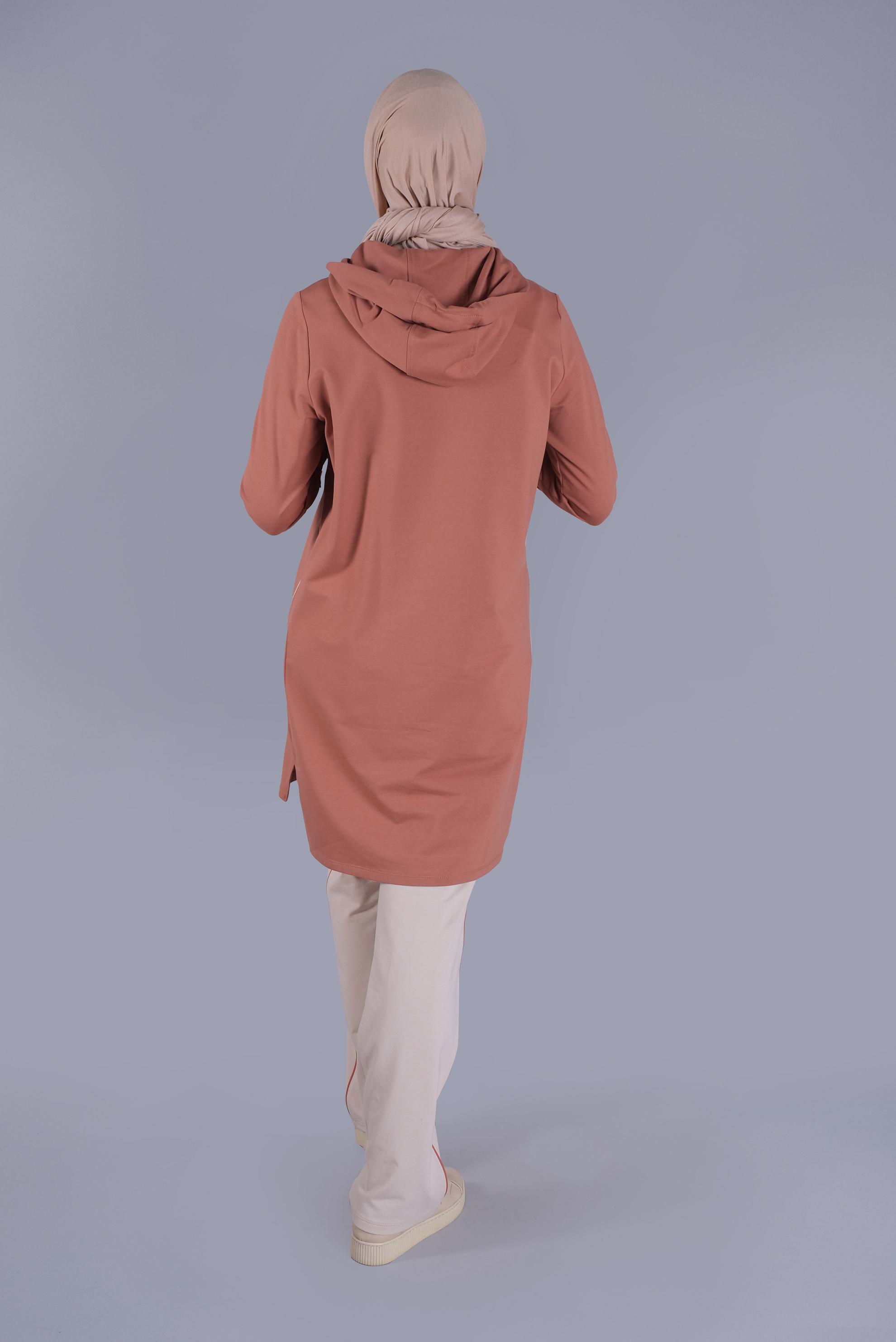 Tesettür giyim TURUNCU KAPÜŞONLU BİYELİ EŞOFMAN TAKIM 41648 