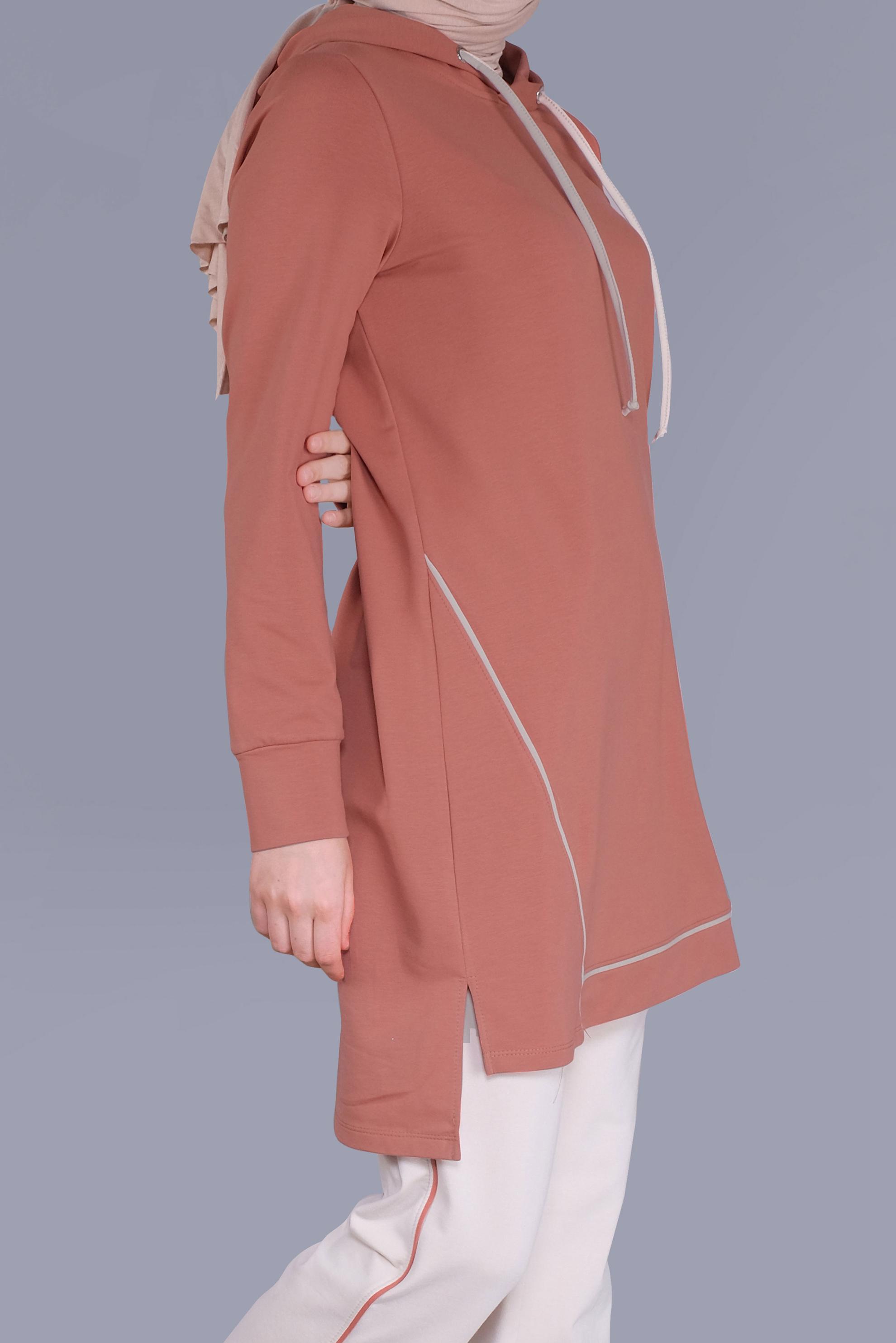 Tesettür giyim TURUNCU KAPÜŞONLU BİYELİ EŞOFMAN TAKIM 41648 