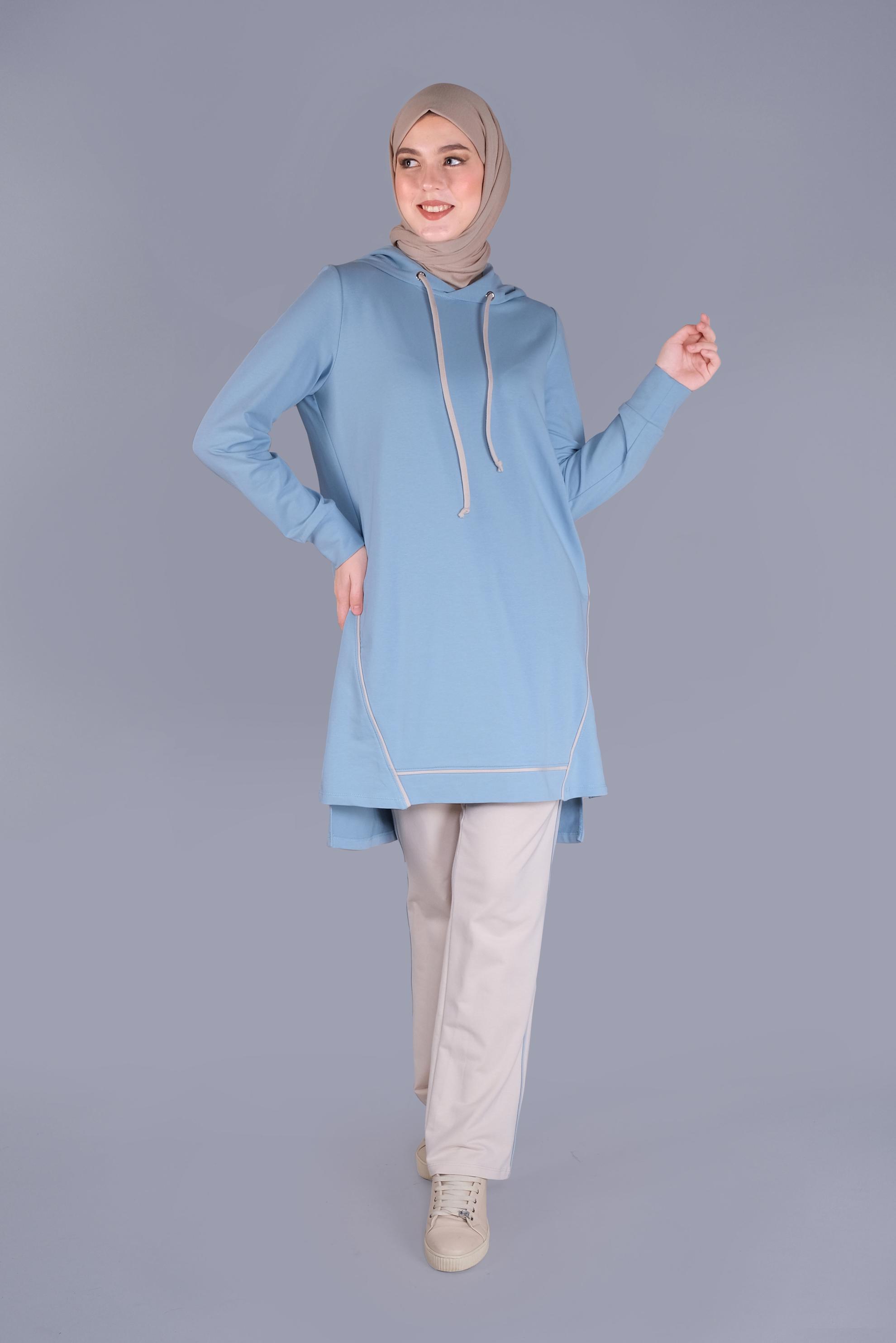 Tesettür giyim MAVİ KAPÜŞONLU BİYELİ EŞOFMAN TAKIM 41648 
