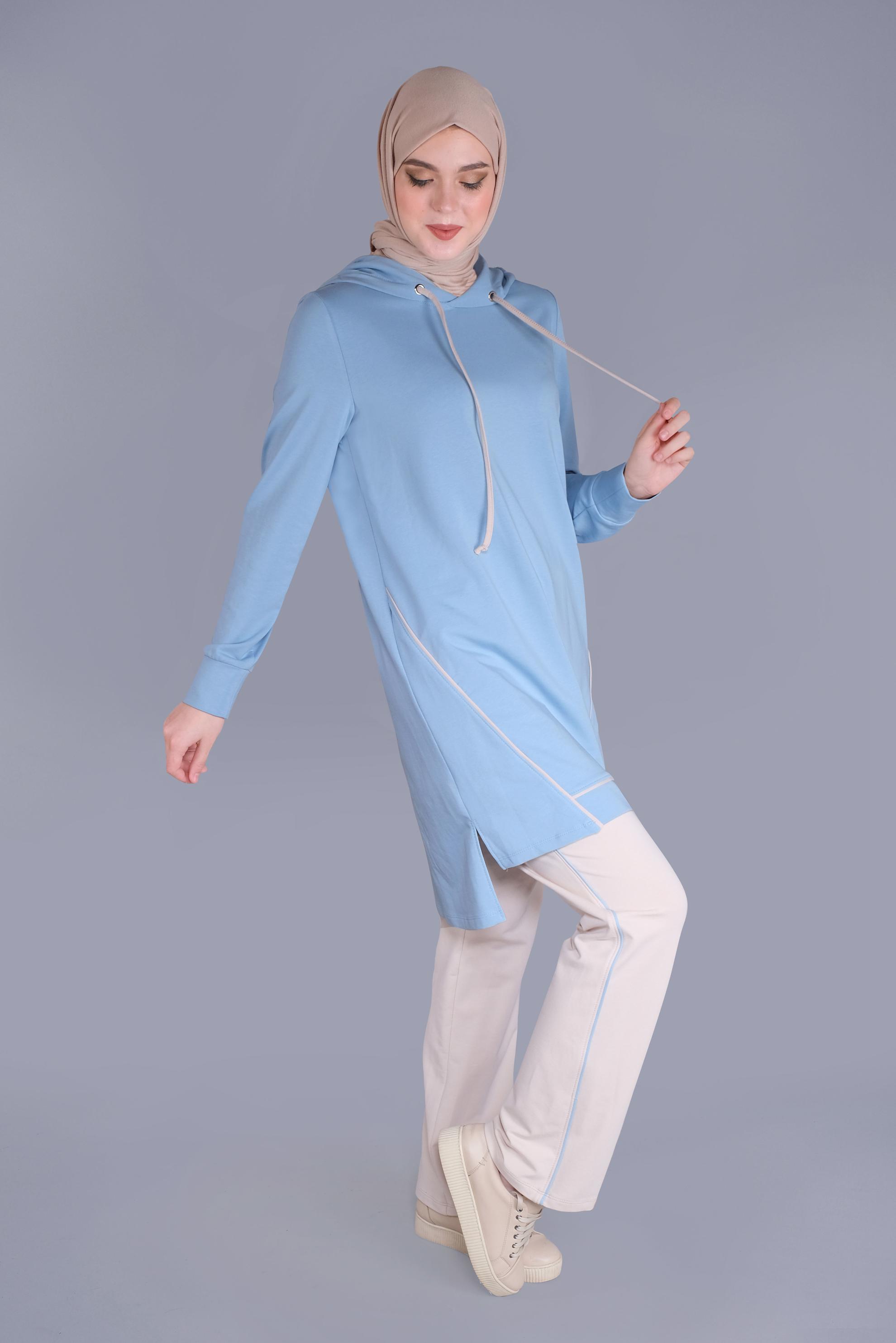 Tesettür giyim MAVİ KAPÜŞONLU BİYELİ EŞOFMAN TAKIM 41648 