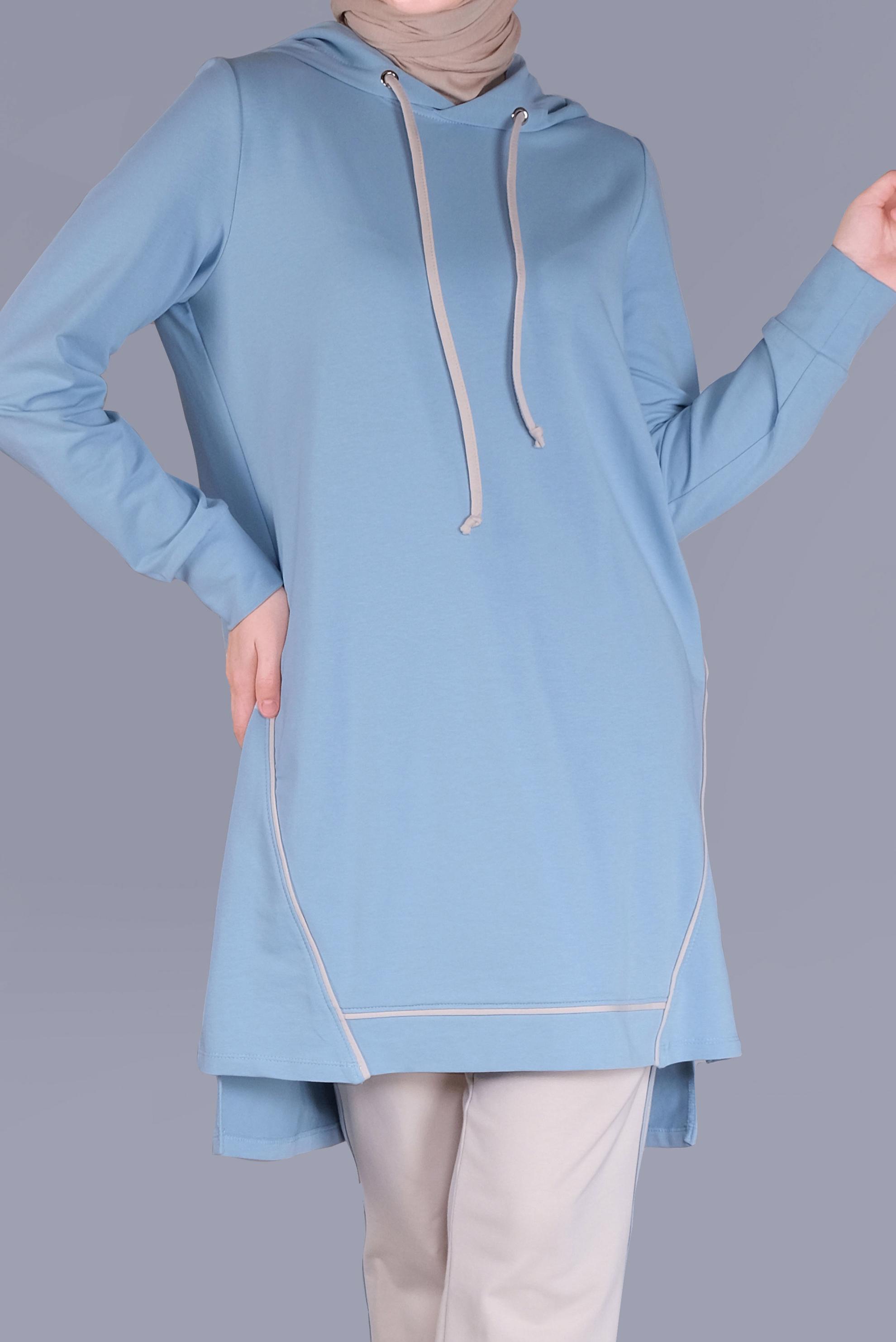 Tesettür giyim MAVİ KAPÜŞONLU BİYELİ EŞOFMAN TAKIM 41648 