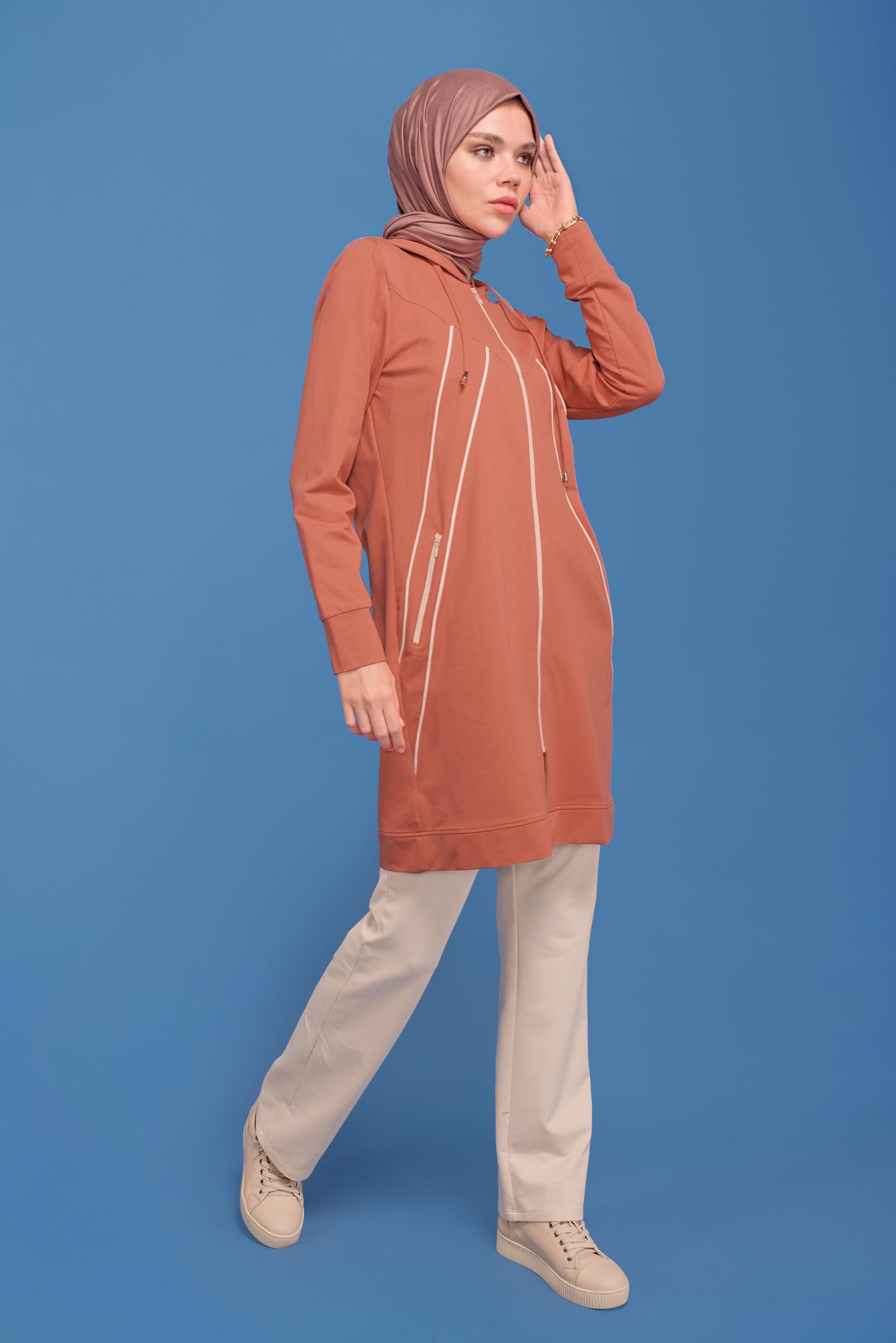Tesettür giyim TURUNCU KAPÜŞONLU İKİLİ PANT. EŞOFMAN TAKIMI 41649 