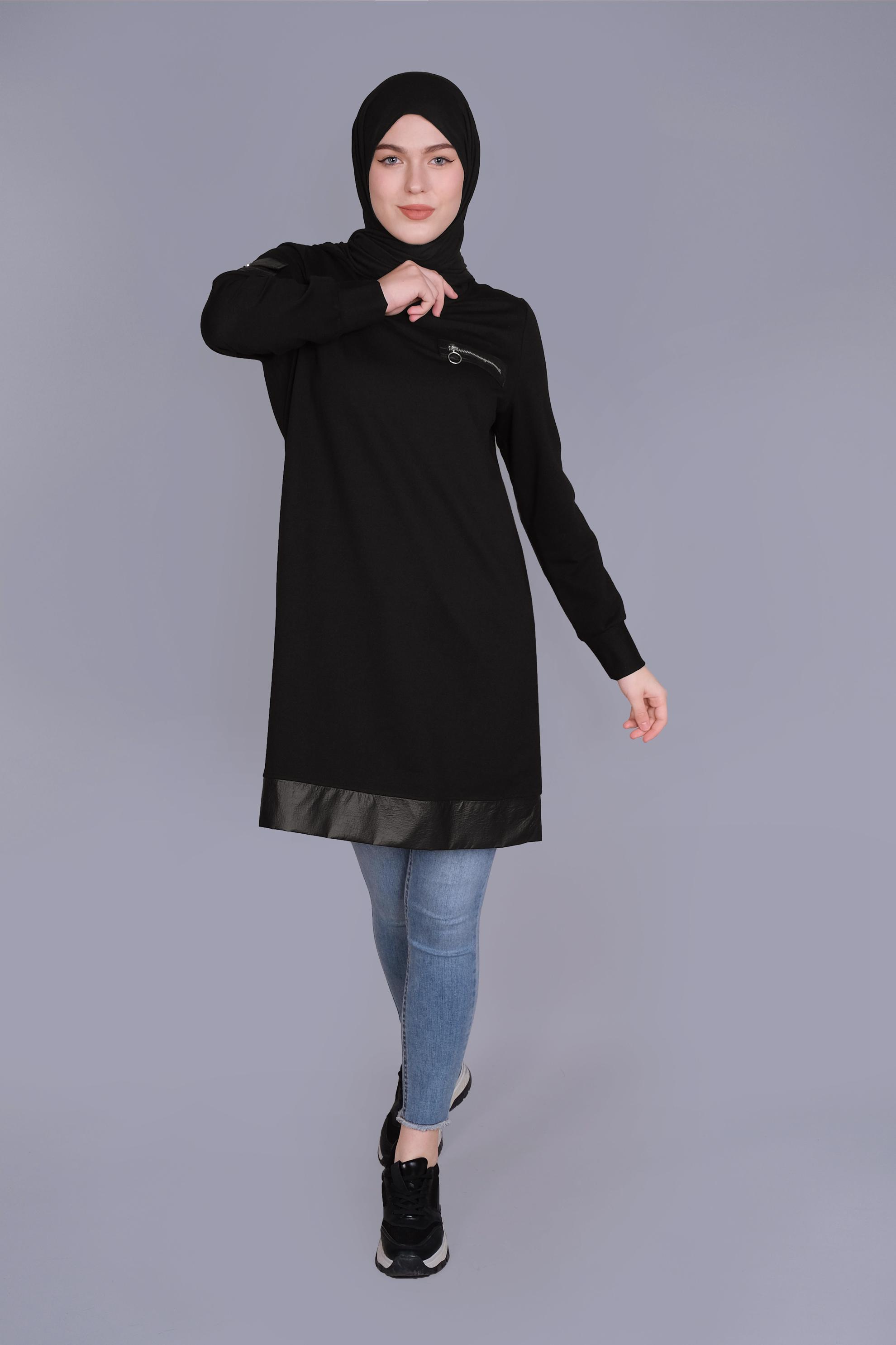 Tesettür giyim SİYAH CEPLİ FERMUAR DETAYLI EŞOFMAN TUNİK 41675 