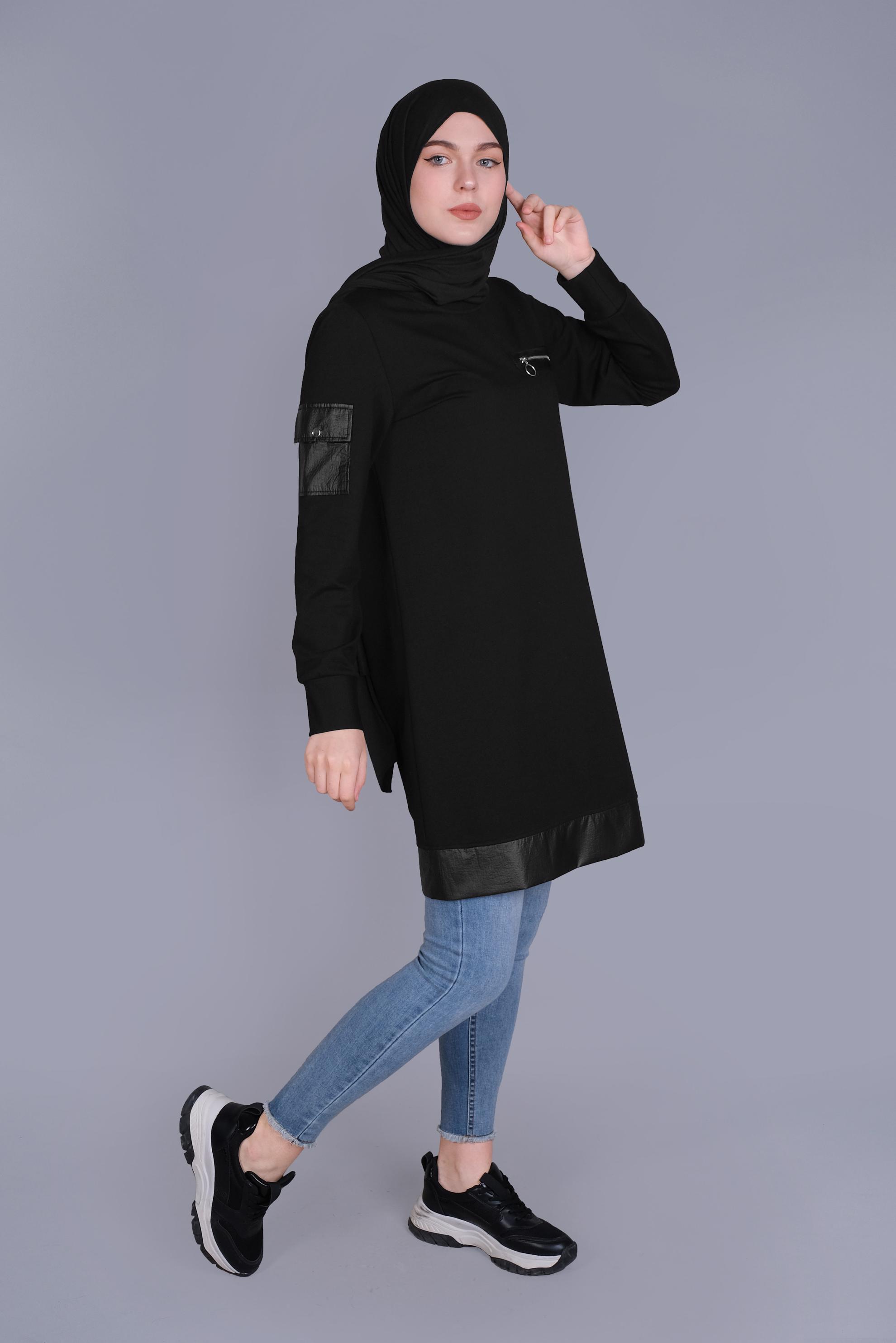 Tesettür giyim SİYAH CEPLİ FERMUAR DETAYLI EŞOFMAN TUNİK 41675 