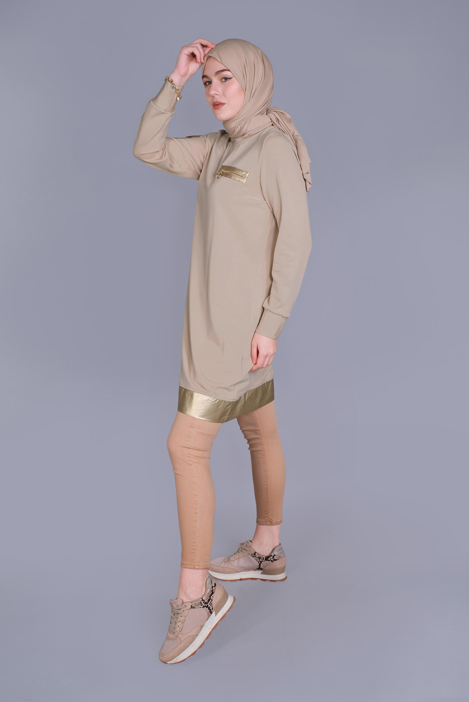 Tesettür giyim BEJ CEPLİ FERMUAR DETAYLI EŞOFMAN TUNİK 41675 