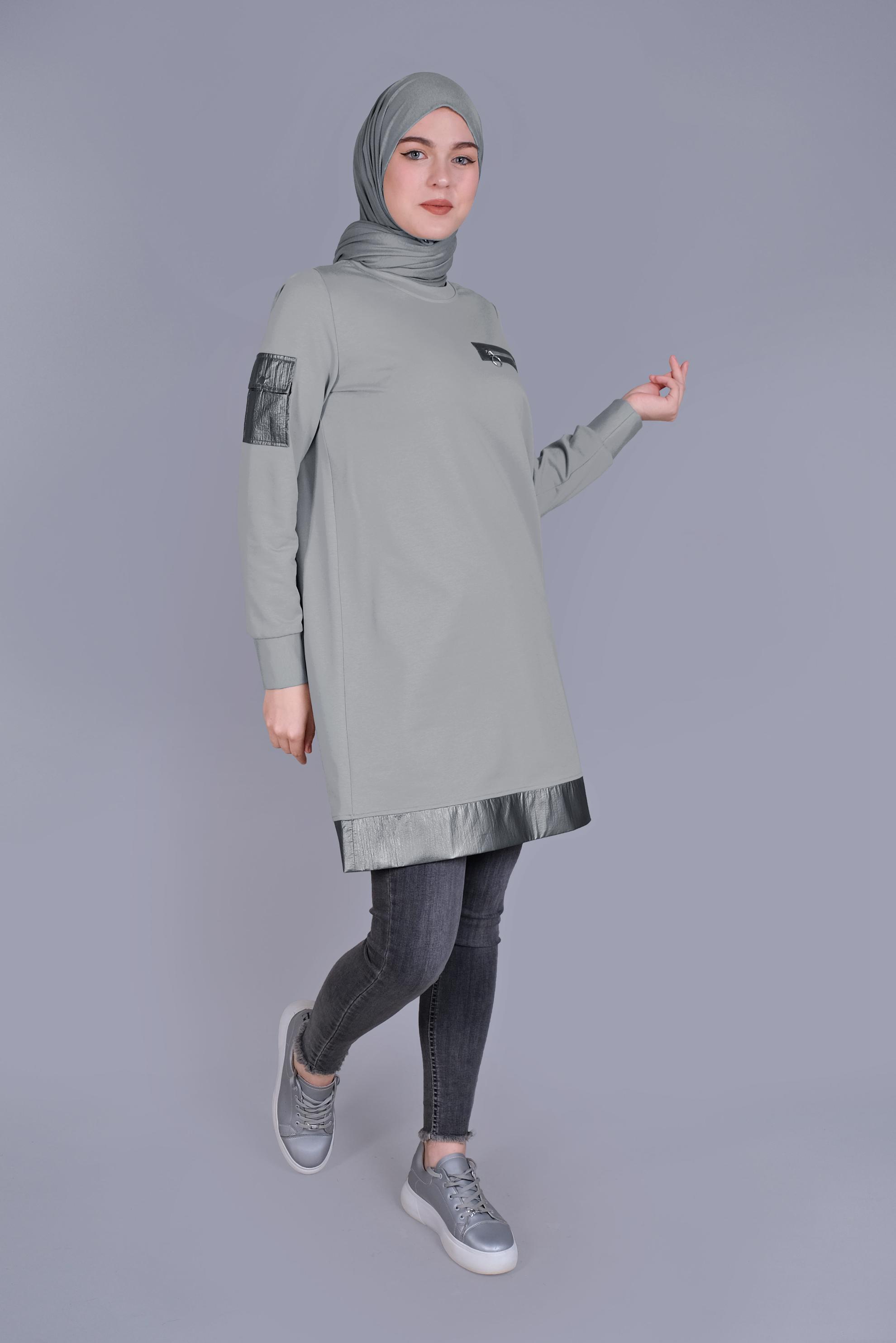 Tesettür giyim GÜMÜŞ CEPLİ FERMUAR DETAYLI EŞOFMAN TUNİK 41675 