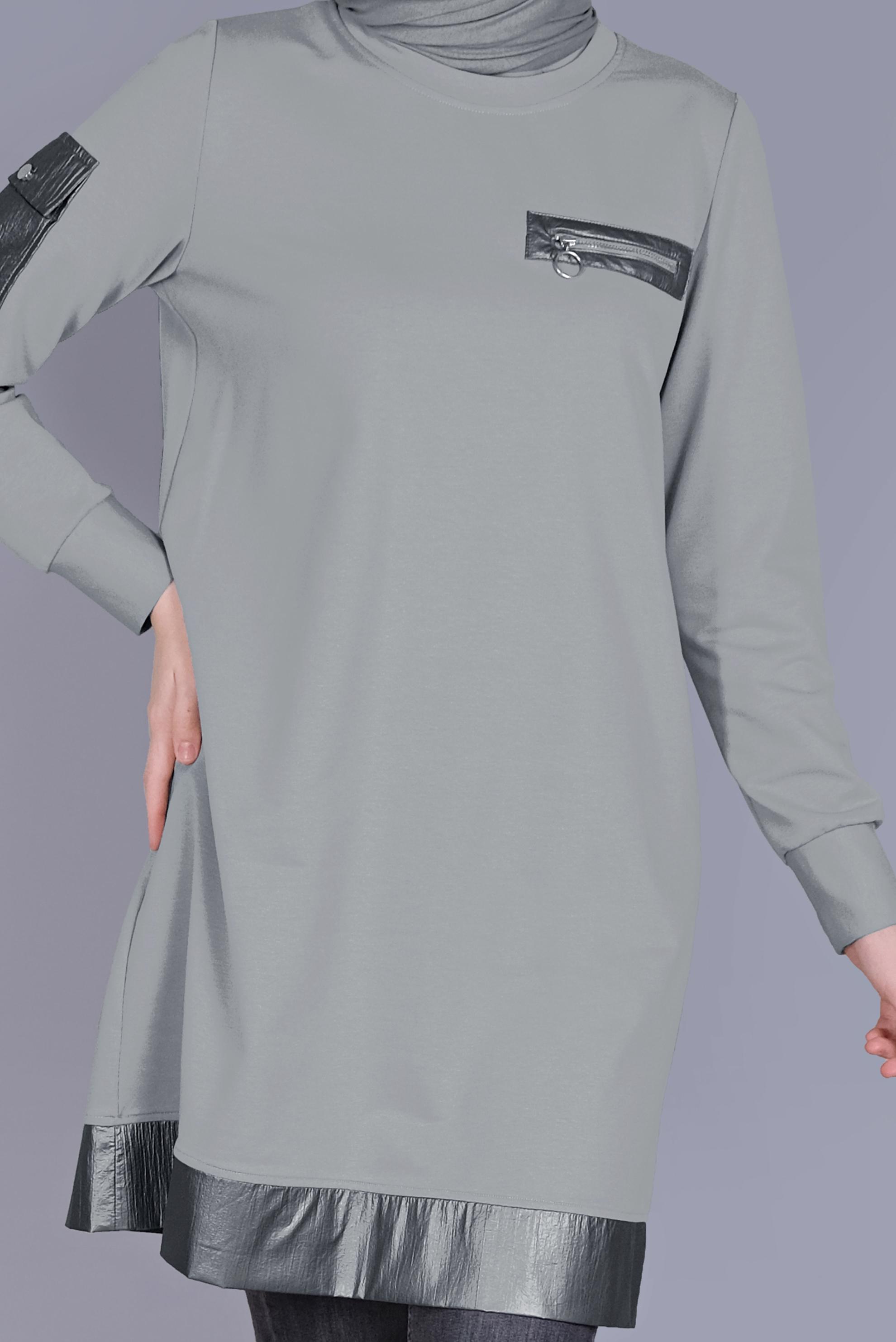 Tesettür giyim GÜMÜŞ CEPLİ FERMUAR DETAYLI EŞOFMAN TUNİK 41675 