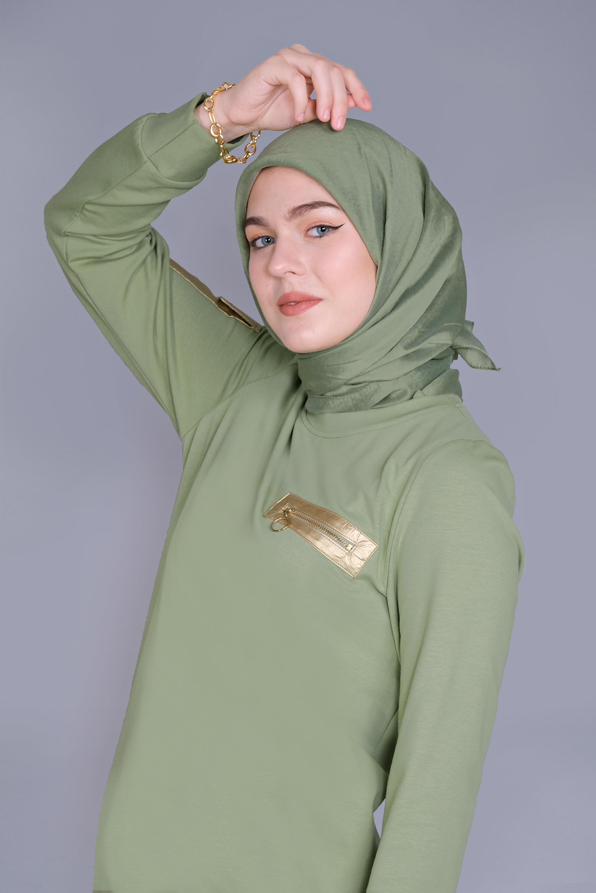 Tesettür giyim YEŞİL CEPLİ FERMUAR DETAYLI EŞOFMAN TUNİK 41675 