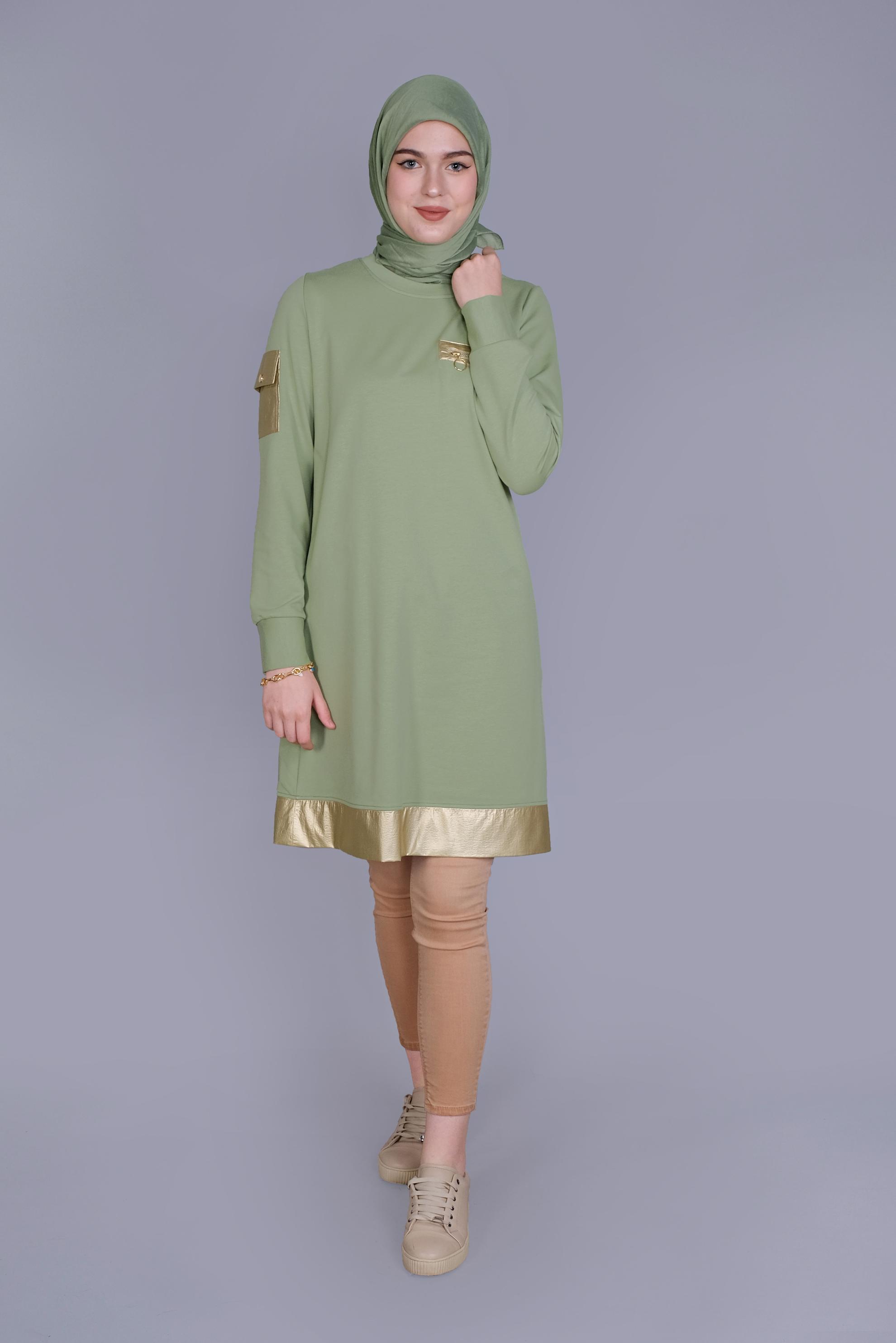 Tesettür giyim YEŞİL CEPLİ FERMUAR DETAYLI EŞOFMAN TUNİK 41675 