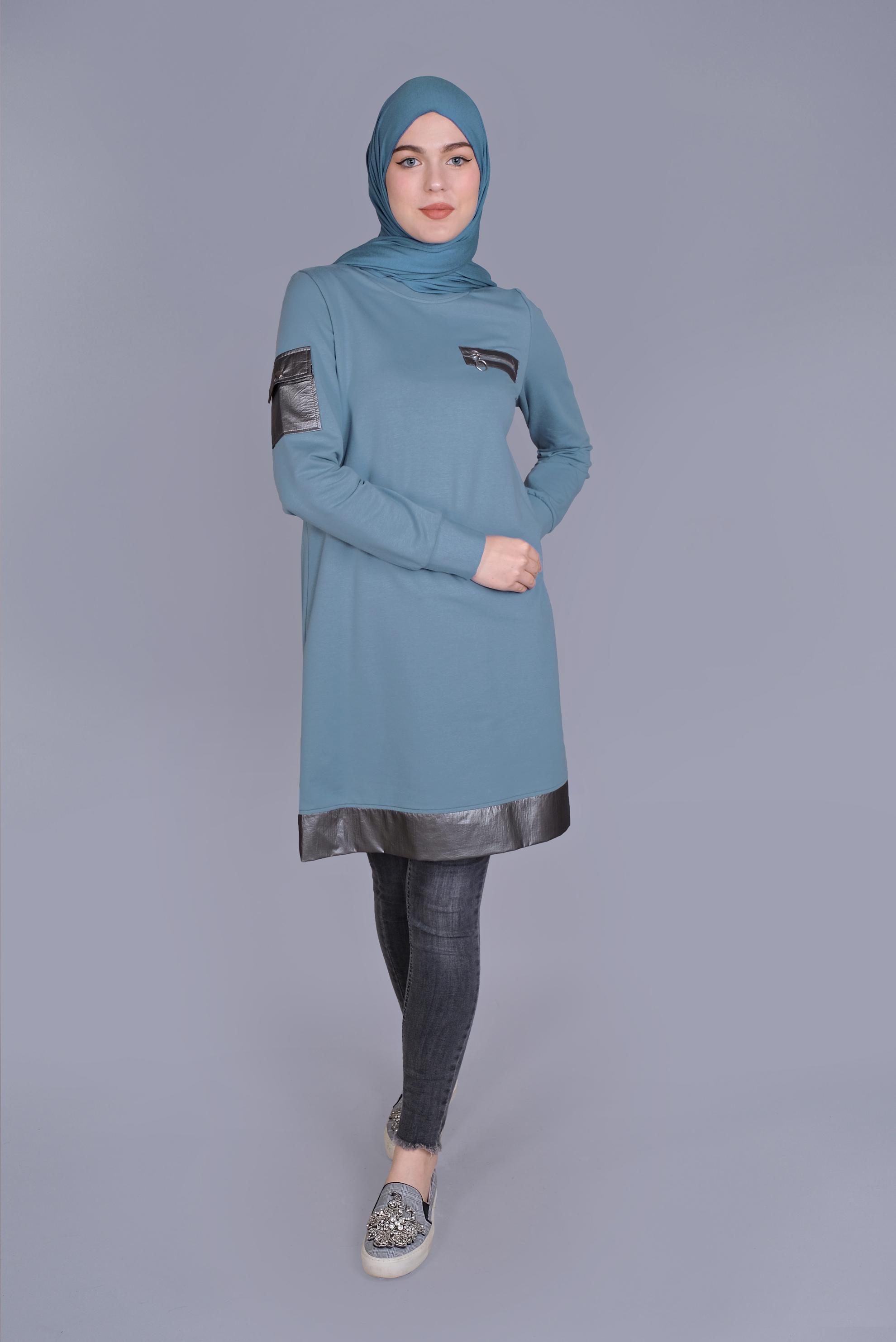 Tesettür giyim MAVİ CEPLİ FERMUAR DETAYLI EŞOFMAN TUNİK 41675 