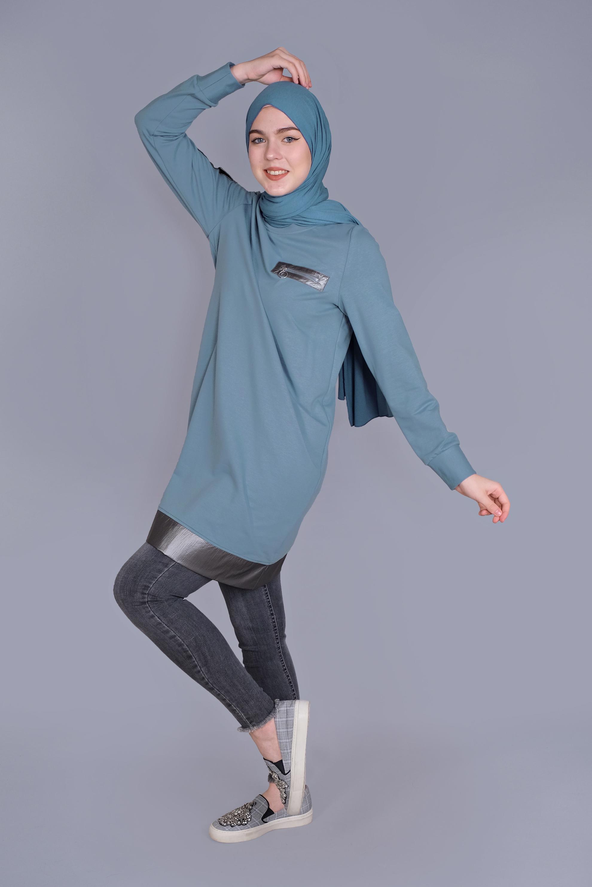 Tesettür giyim MAVİ CEPLİ FERMUAR DETAYLI EŞOFMAN TUNİK 41675 