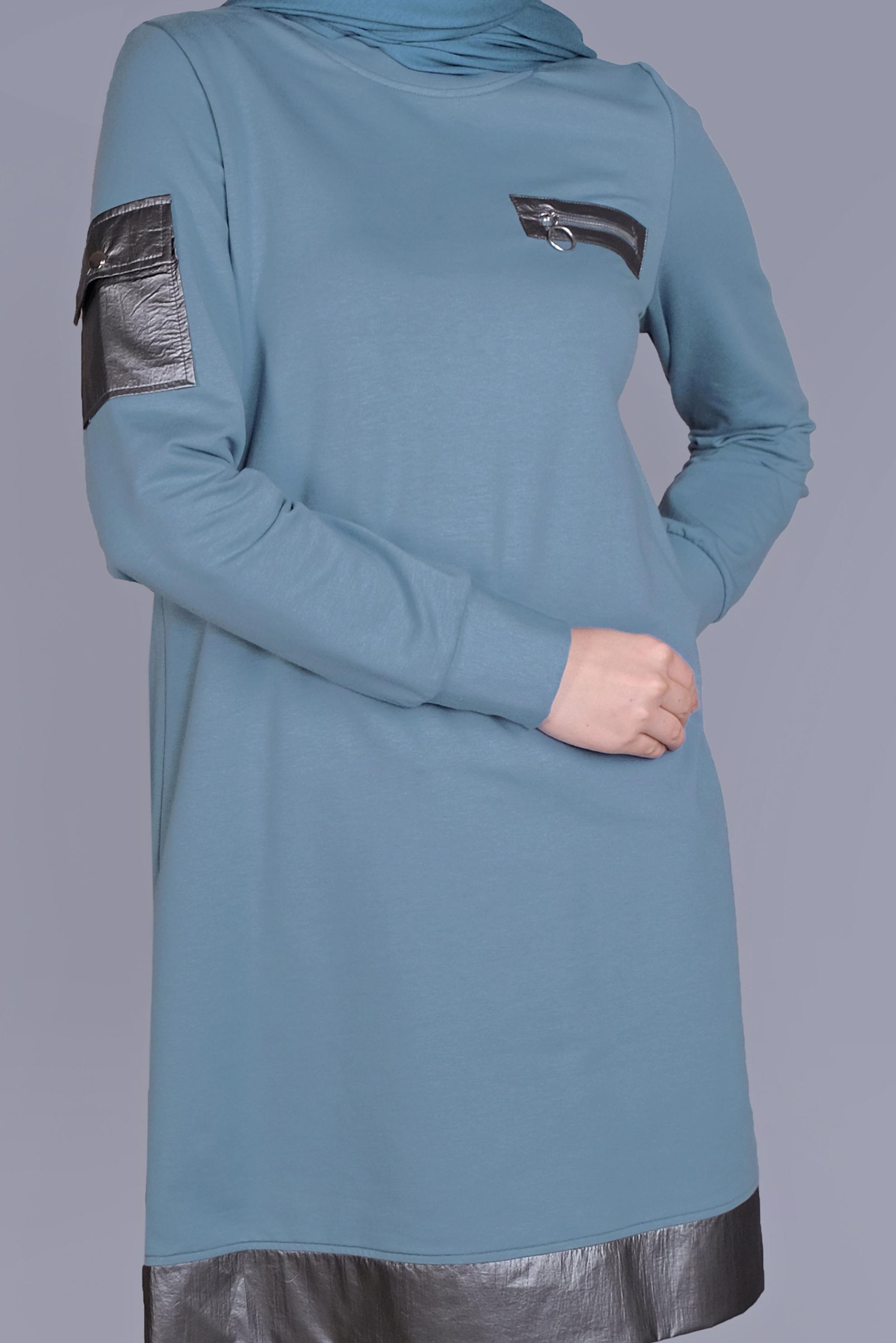 Tesettür giyim MAVİ CEPLİ FERMUAR DETAYLI EŞOFMAN TUNİK 41675 