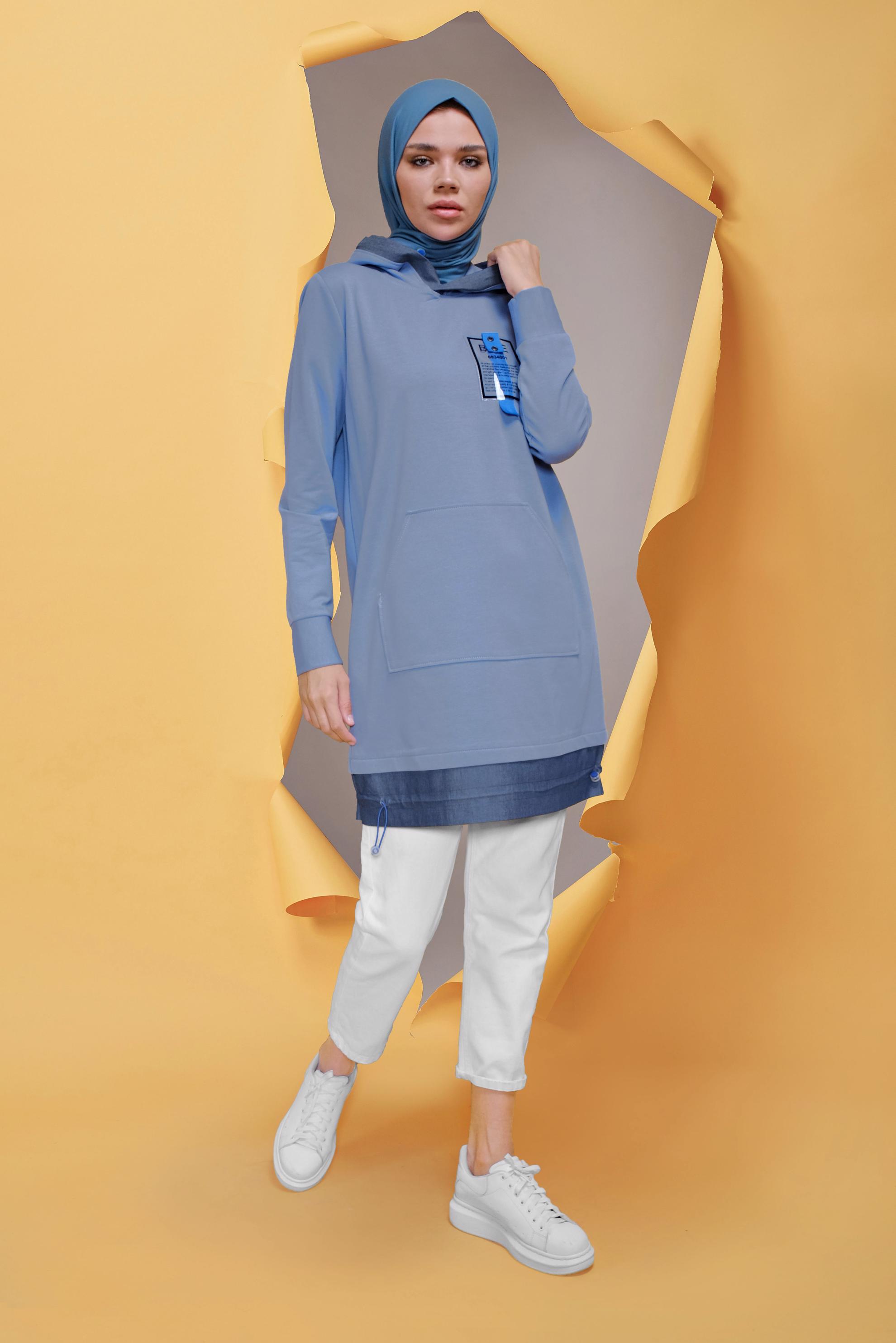 Tesettür giyim MAVİ KAPÜŞONLU CEPLİ TUNİK 41713 