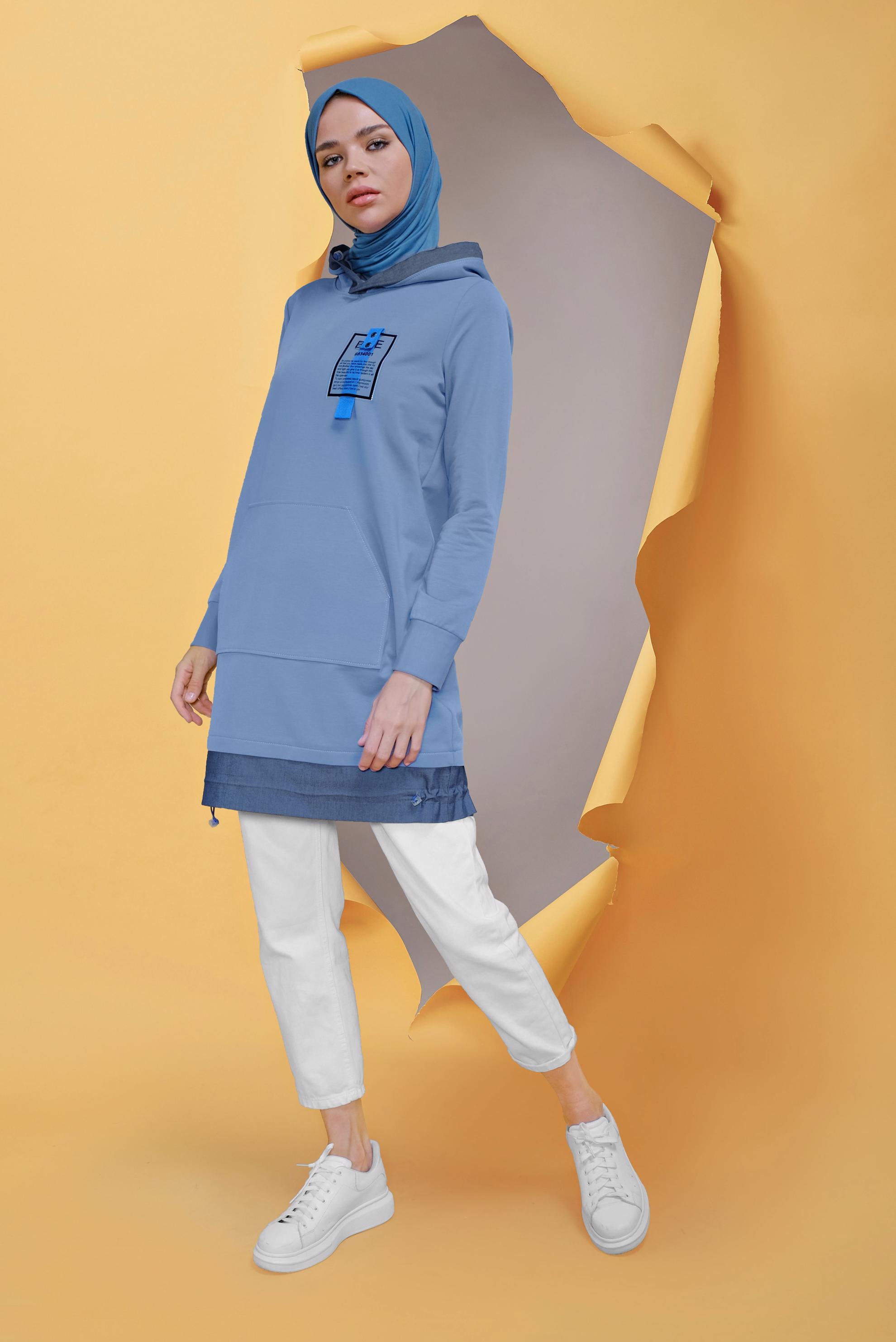 Tesettür giyim MAVİ KAPÜŞONLU CEPLİ TUNİK 41713 