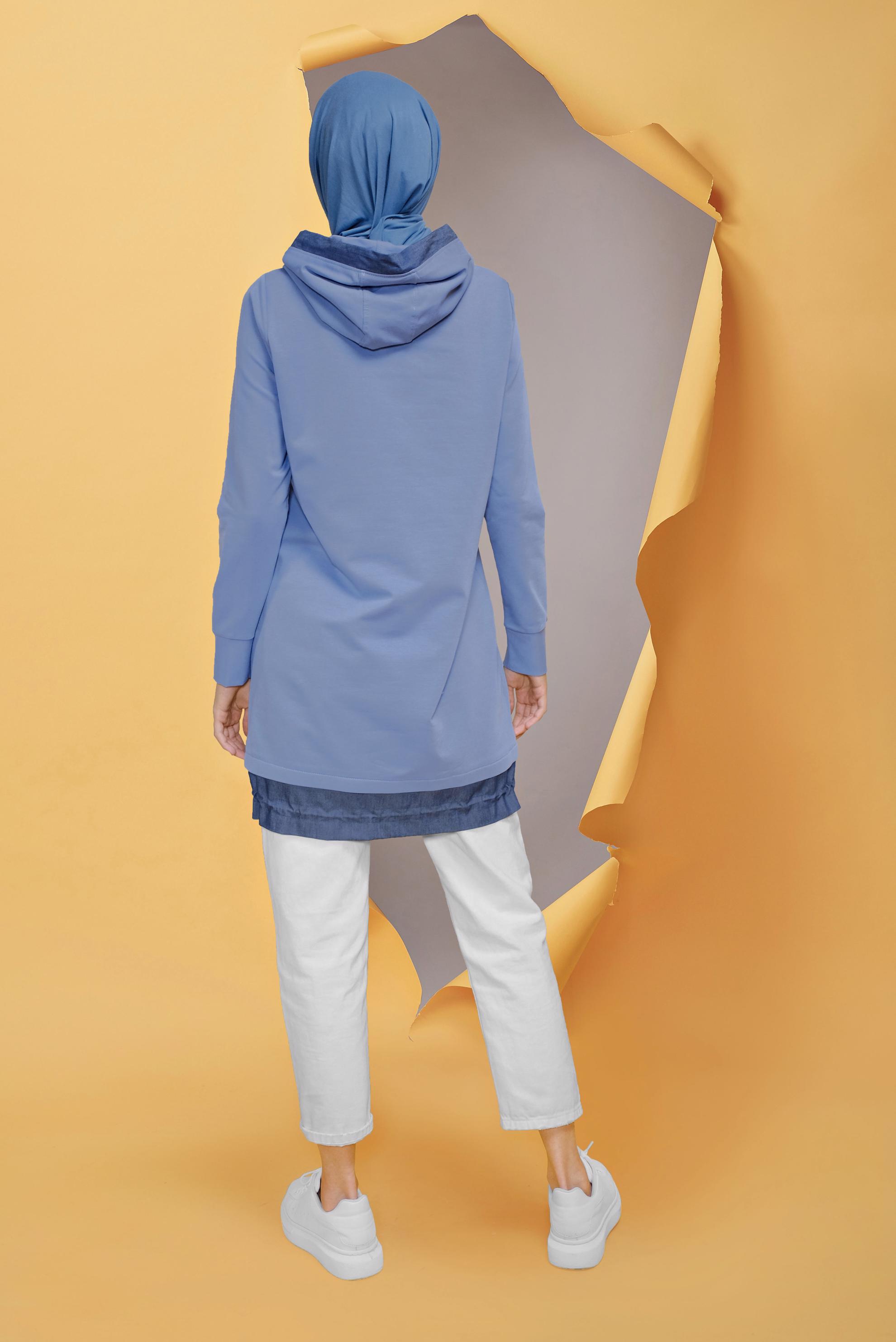Tesettür giyim MAVİ KAPÜŞONLU CEPLİ TUNİK 41713 
