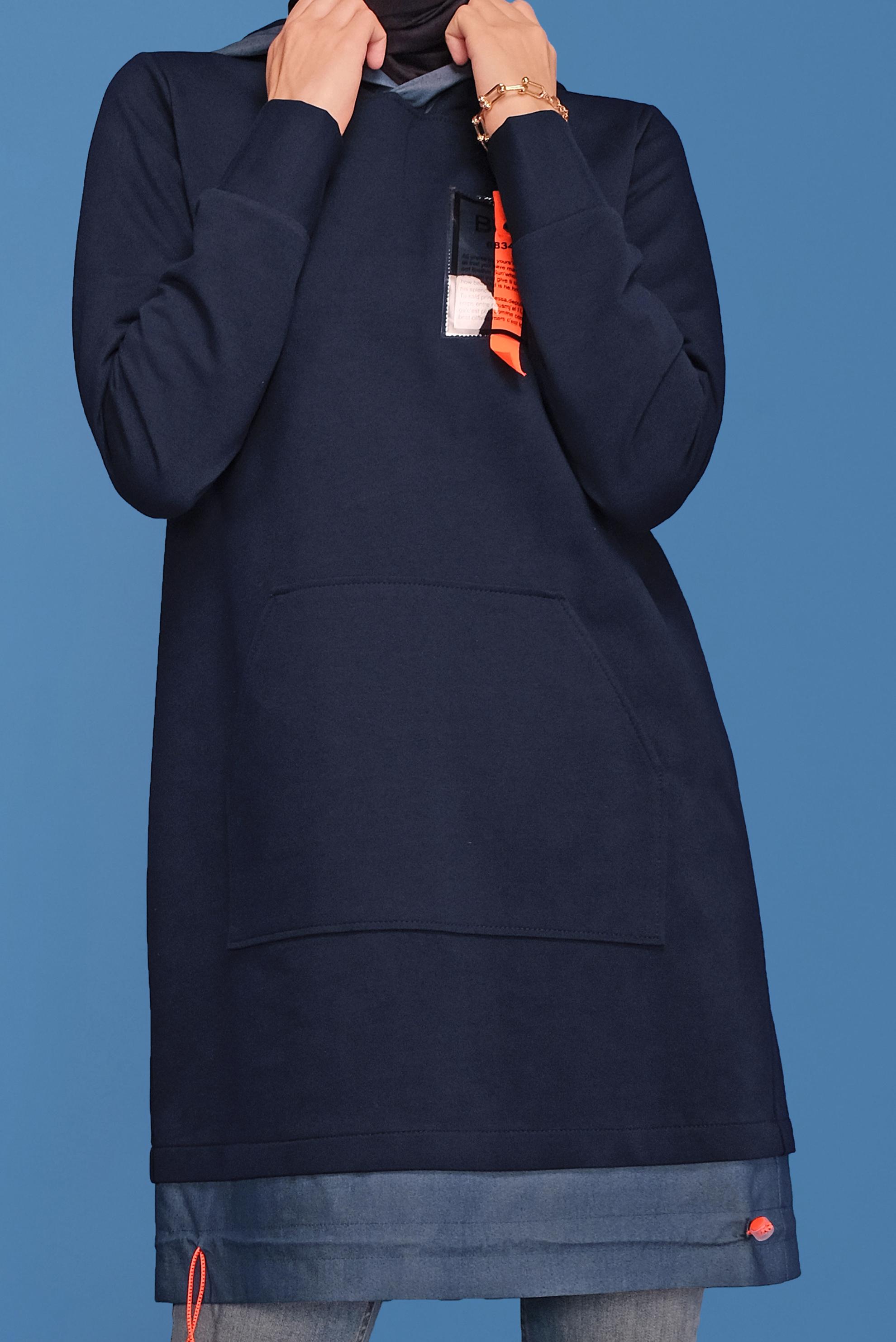 Tesettür giyim LACİVERT KAPÜŞONLU CEPLİ TUNİK 41713 