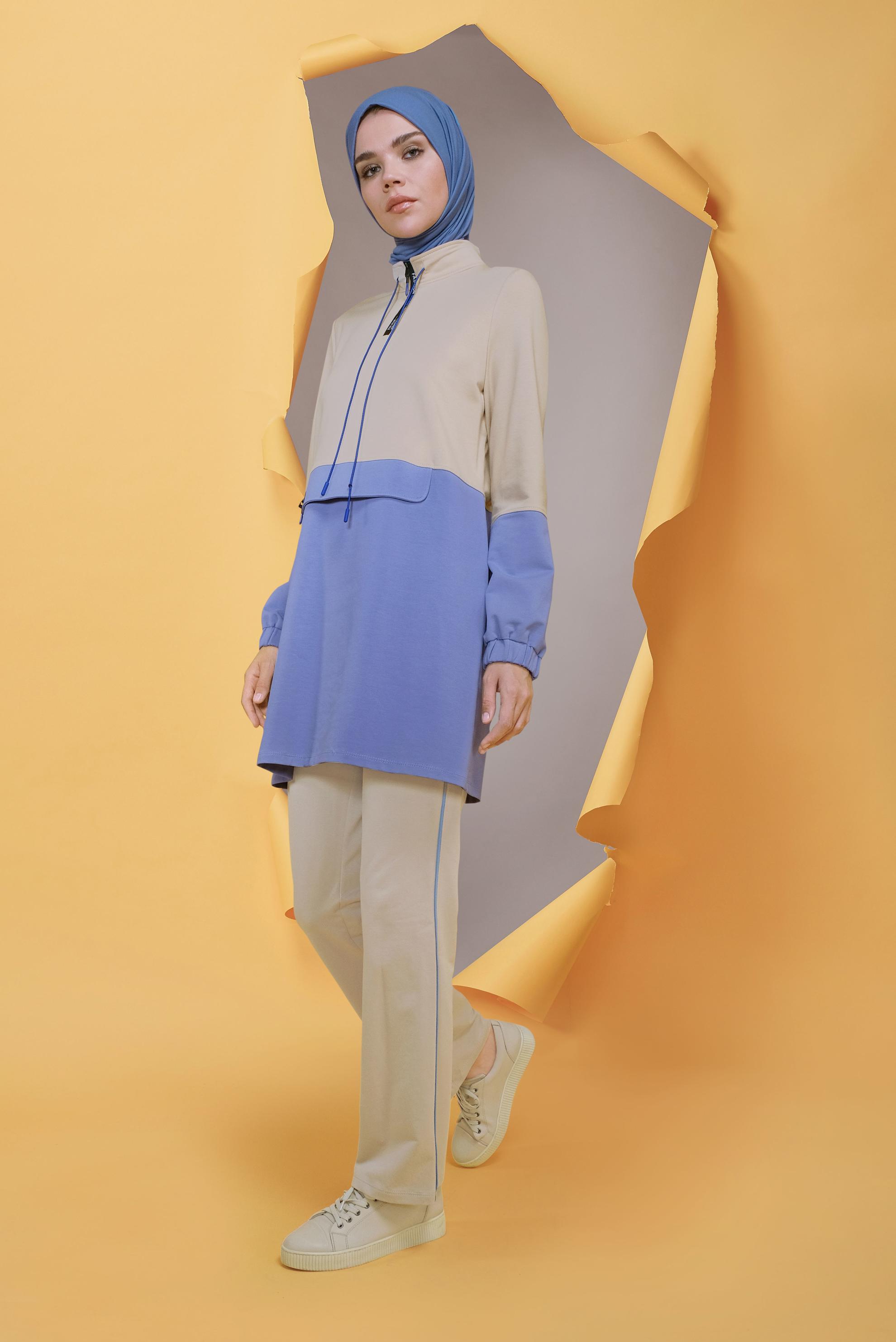 Tesettür giyim MAVİ FERMUAR DETAYLI İKİ RENK EŞOFMAN TAKIMI 41716