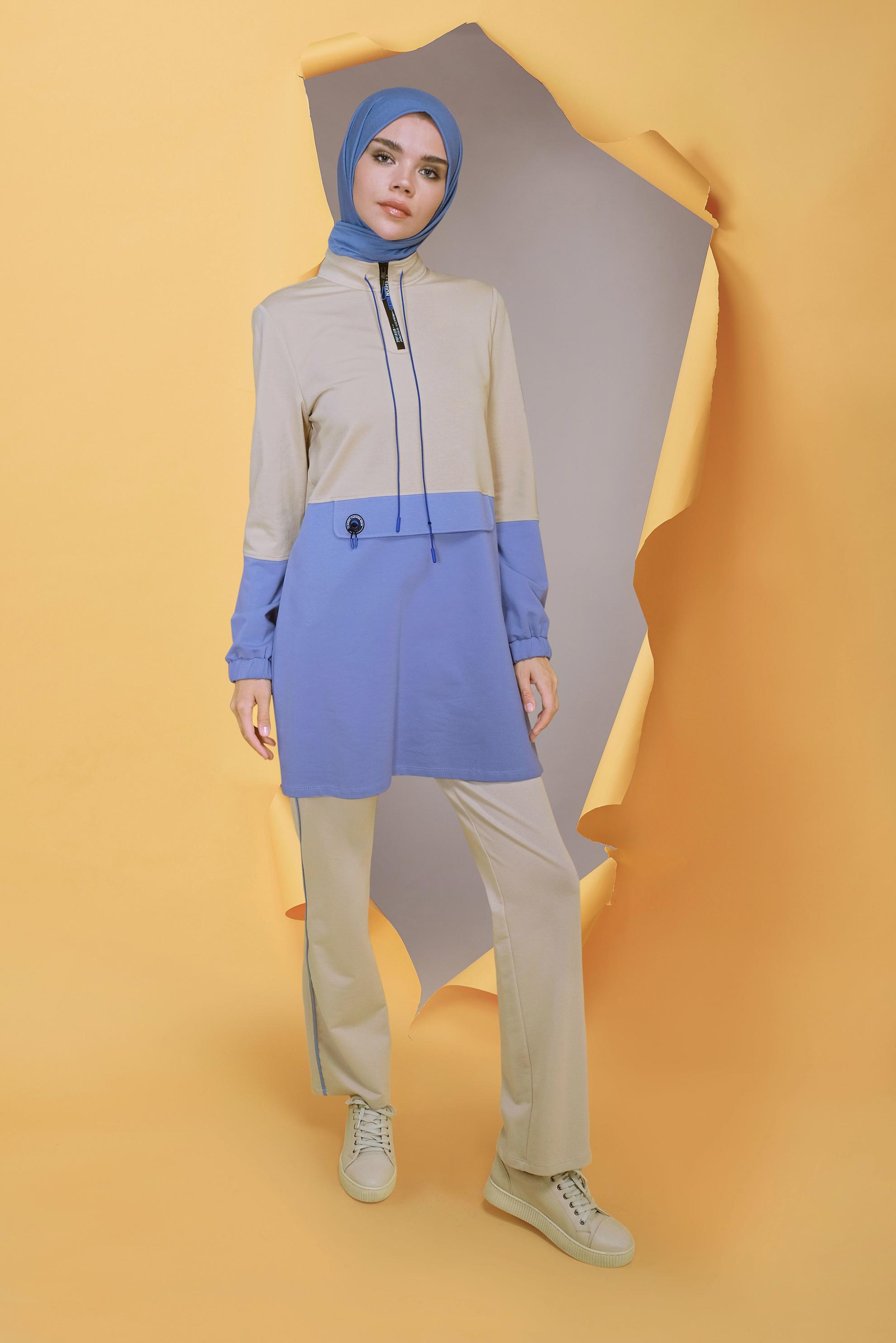 Tesettür giyim MAVİ FERMUAR DETAYLI İKİ RENK EŞOFMAN TAKIMI 41716