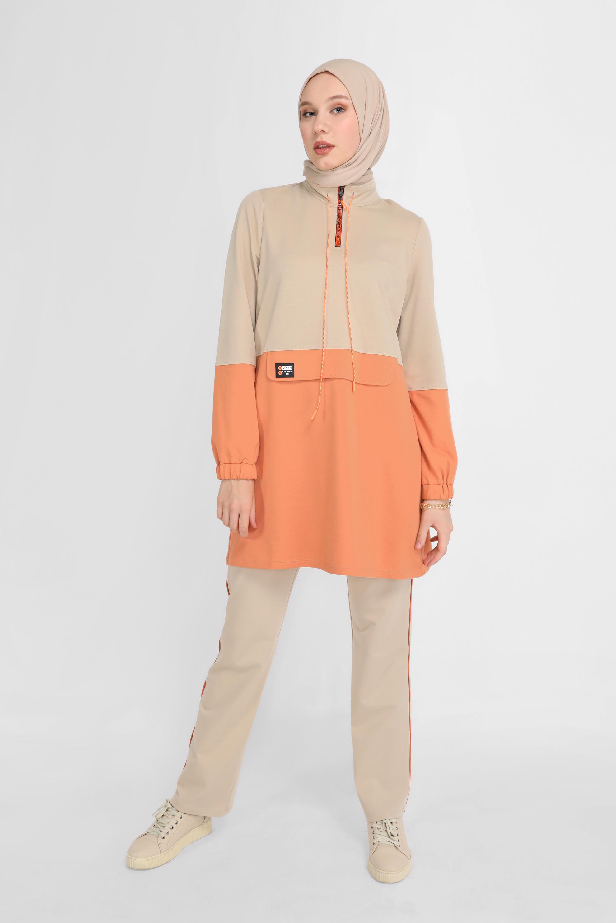 Tesettür giyim TURUNCU FERMUAR DETAYLI İKİ RENK EŞOFMAN TAKIMI 41716