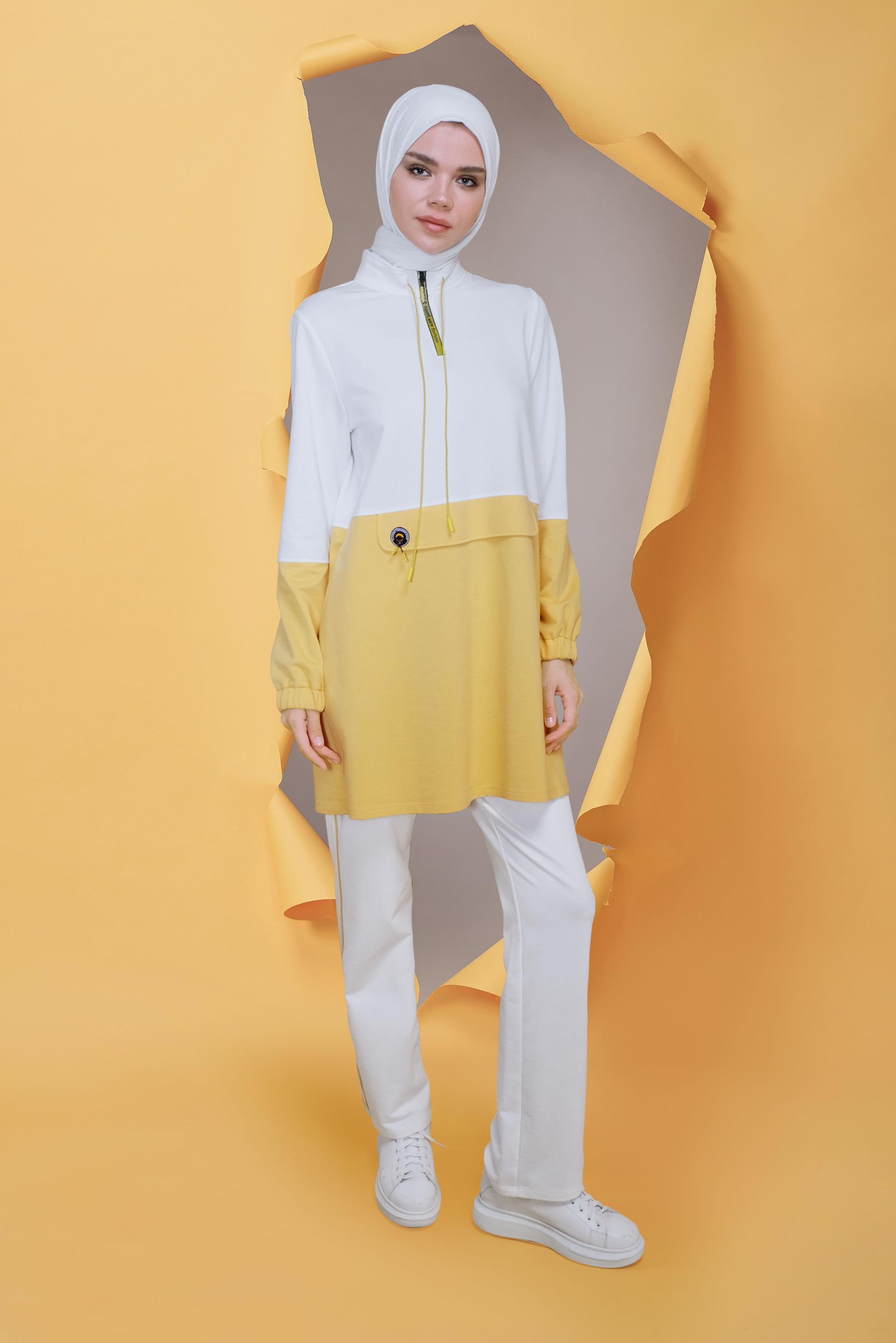 Vêtements hijab JAUNE ENSEMBLE DE SURVÊTEMENT 2 COULEURS AVEC DÉTAIL ZIPPÉ 41716