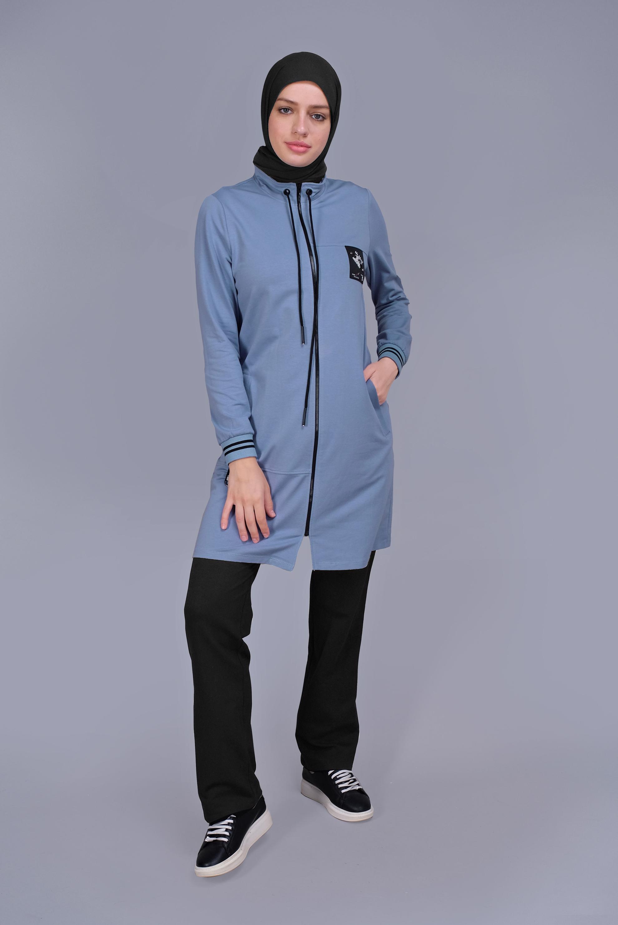 Tesettür giyim MAVİ FERMUARLI BAĞCIKLI İKİLİ PANTOLONLU TAKIM 41717