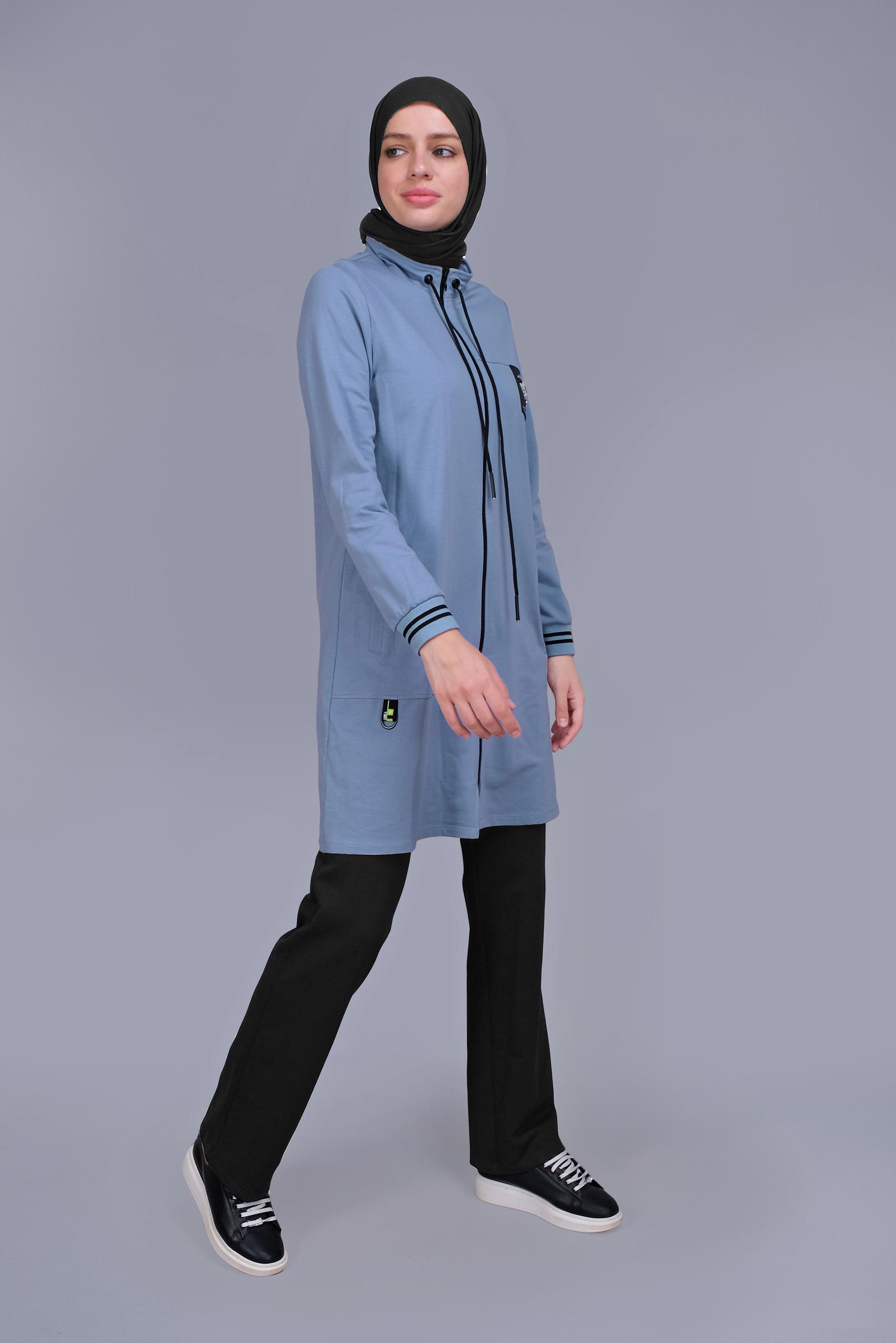 Tesettür giyim MAVİ FERMUARLI BAĞCIKLI İKİLİ PANTOLONLU TAKIM 41717