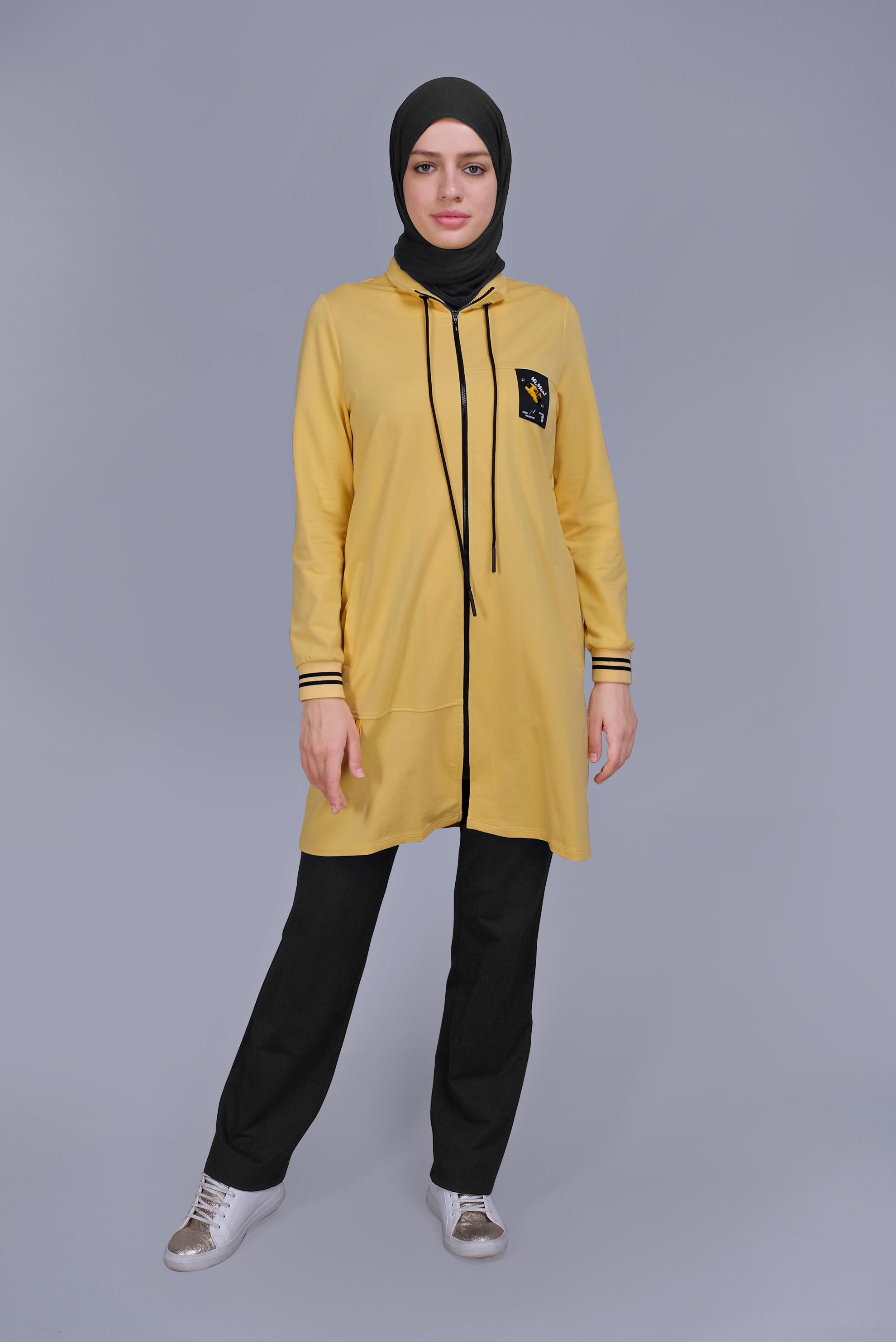 Tesettür giyim SARI FERMUARLI BAĞCIKLI İKİLİ PANTOLONLU TAKIM 41717