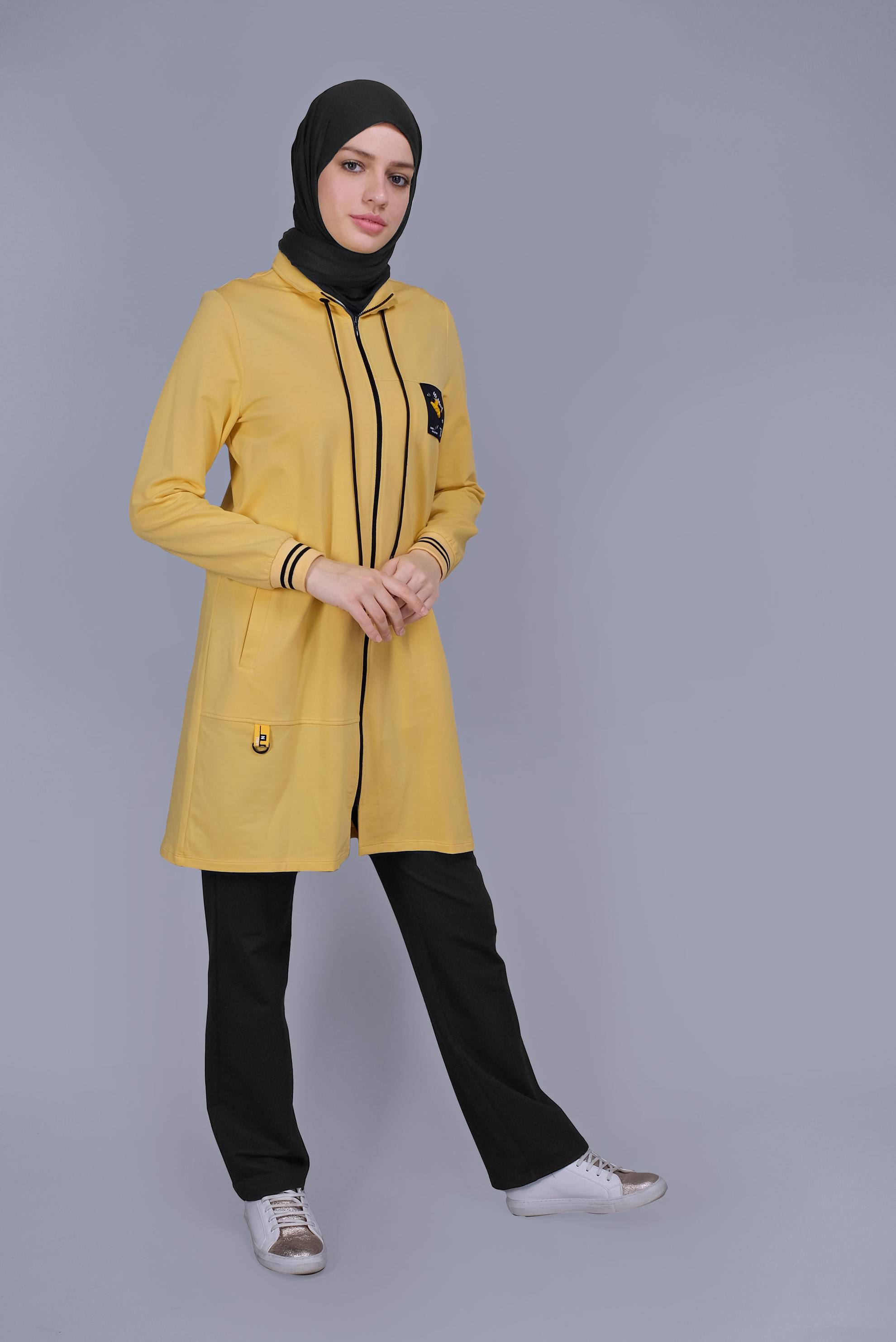 Tesettür giyim SARI FERMUARLI BAĞCIKLI İKİLİ PANTOLONLU TAKIM 41717