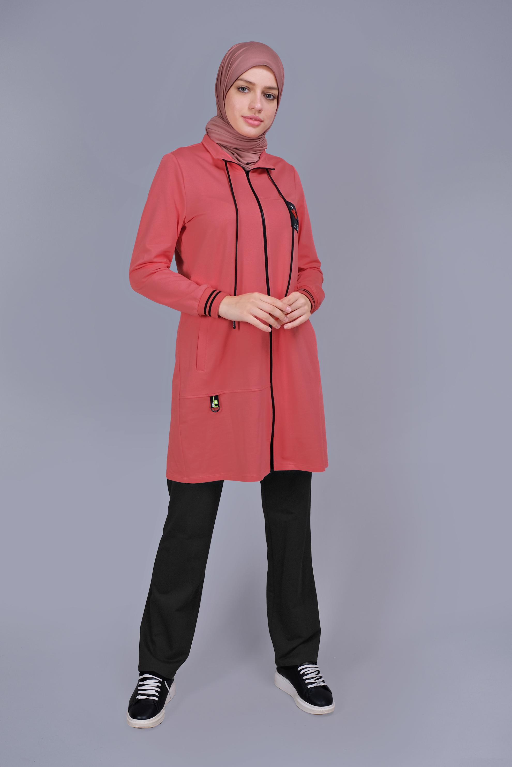 Tesettür giyim MERCAN FERMUARLI BAĞCIKLI İKİLİ PANTOLONLU TAKIM 41717