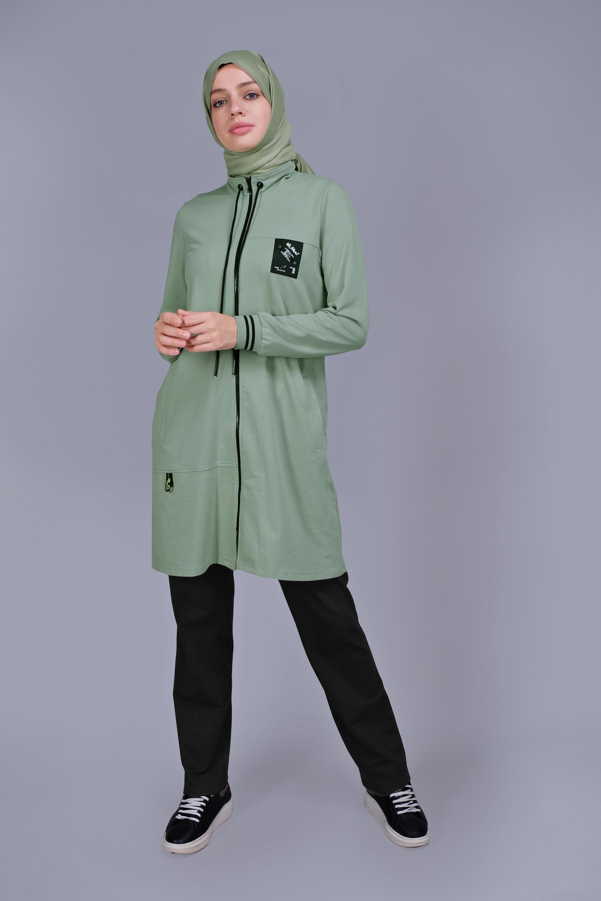 Tesettür giyim YEŞİL FERMUARLI BAĞCIKLI İKİLİ PANTOLONLU TAKIM 41717