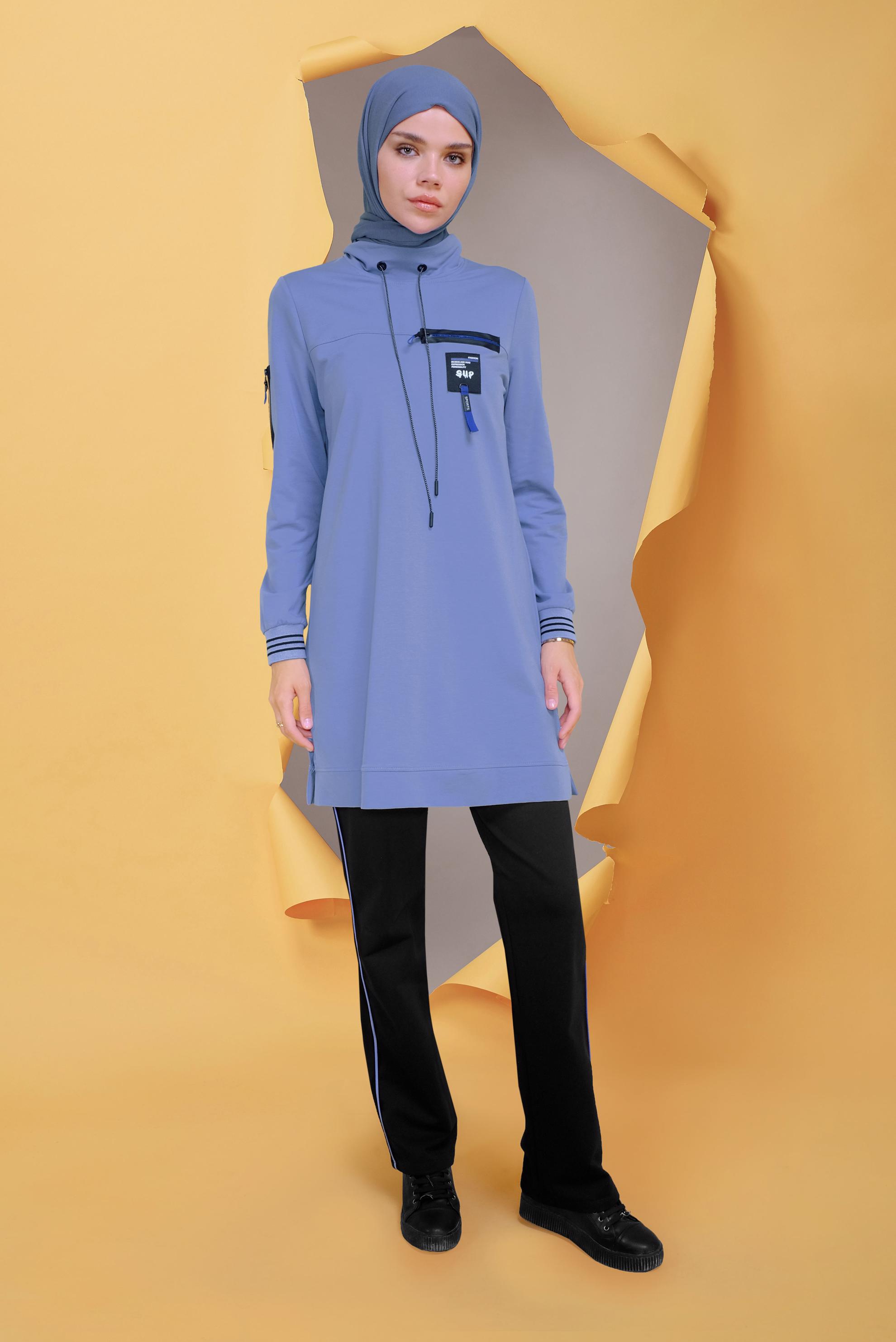 Tesettür giyim MAVİ MANŞETLERİ LASTİKLİ FERMUAR DETAYLI PANT. EŞOFMAN TAKIMI 41718 