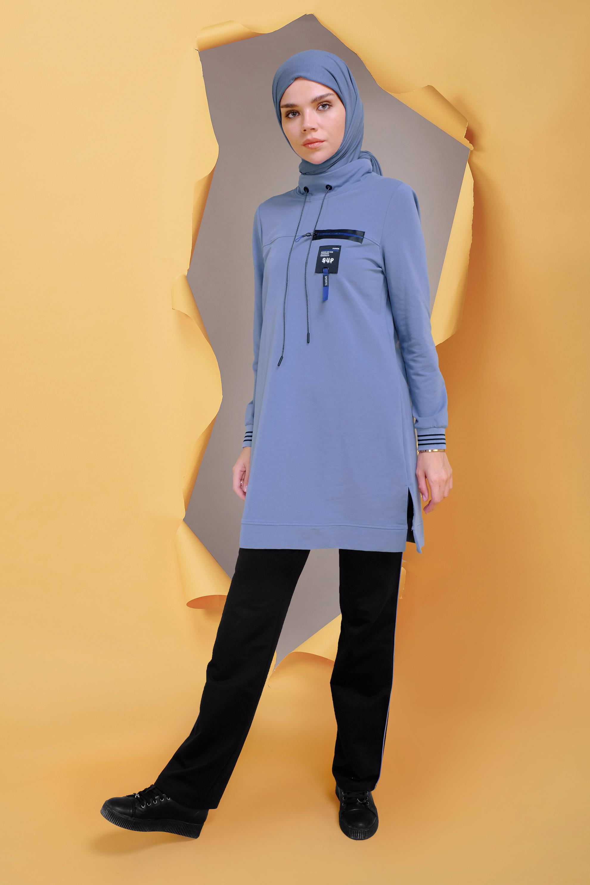 Tesettür giyim MAVİ MANŞETLERİ LASTİKLİ FERMUAR DETAYLI PANT. EŞOFMAN TAKIMI 41718 