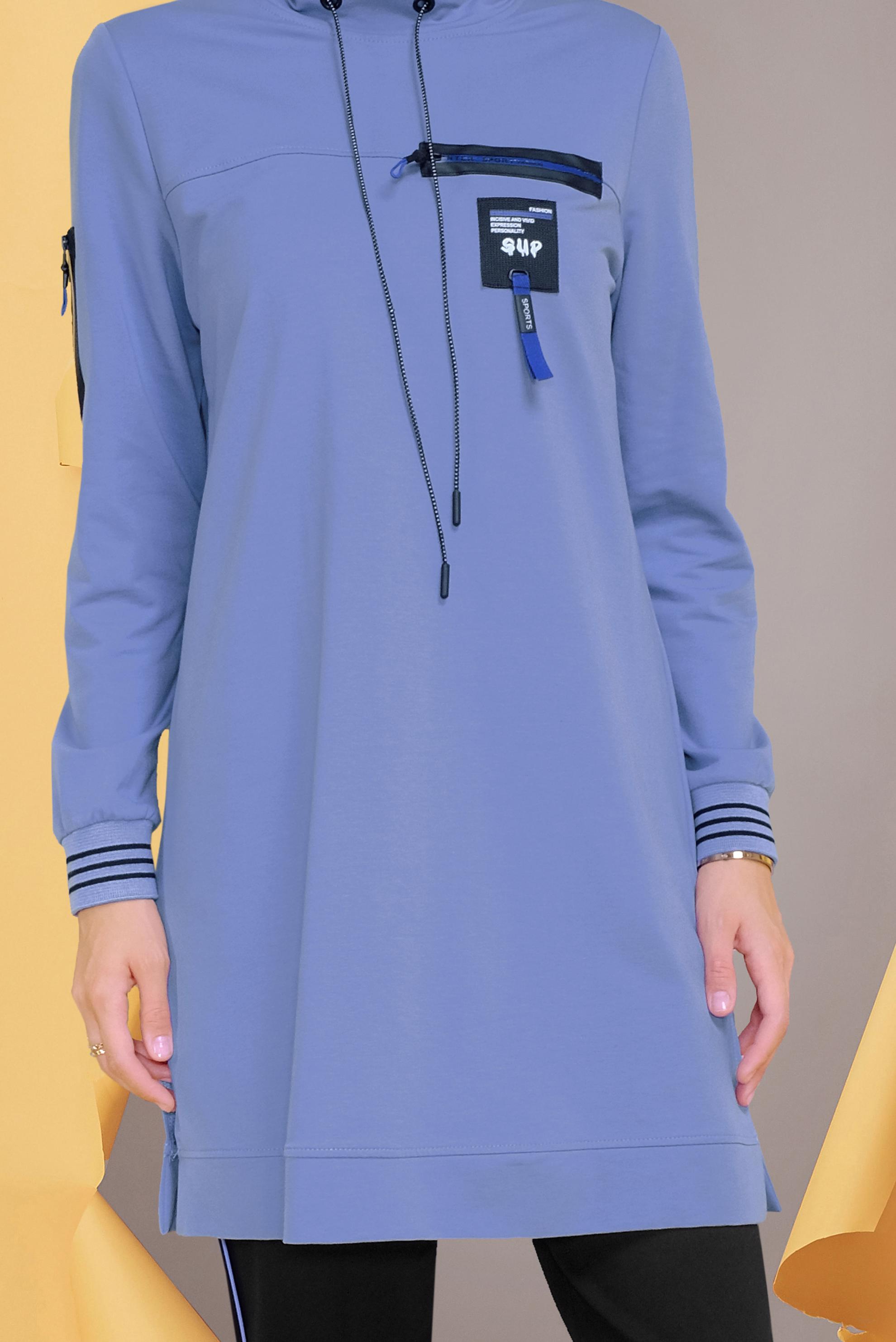 Tesettür giyim MAVİ MANŞETLERİ LASTİKLİ FERMUAR DETAYLI PANT. EŞOFMAN TAKIMI 41718 