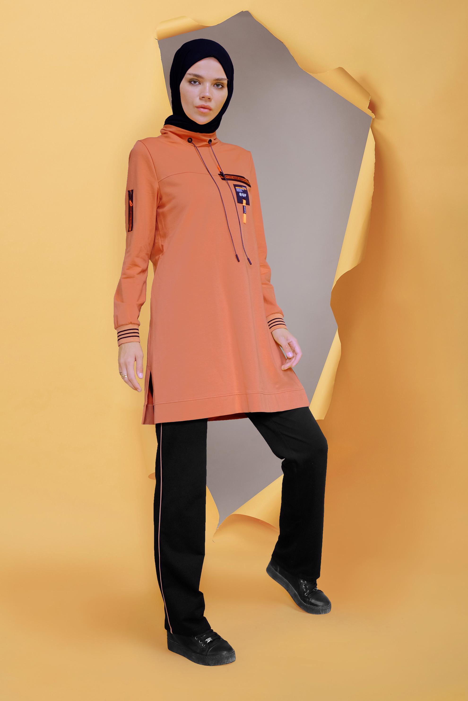 Tesettür giyim TURUNCU MANŞETLERİ LASTİKLİ FERMUAR DETAYLI PANT. EŞOFMAN TAKIMI 41718 