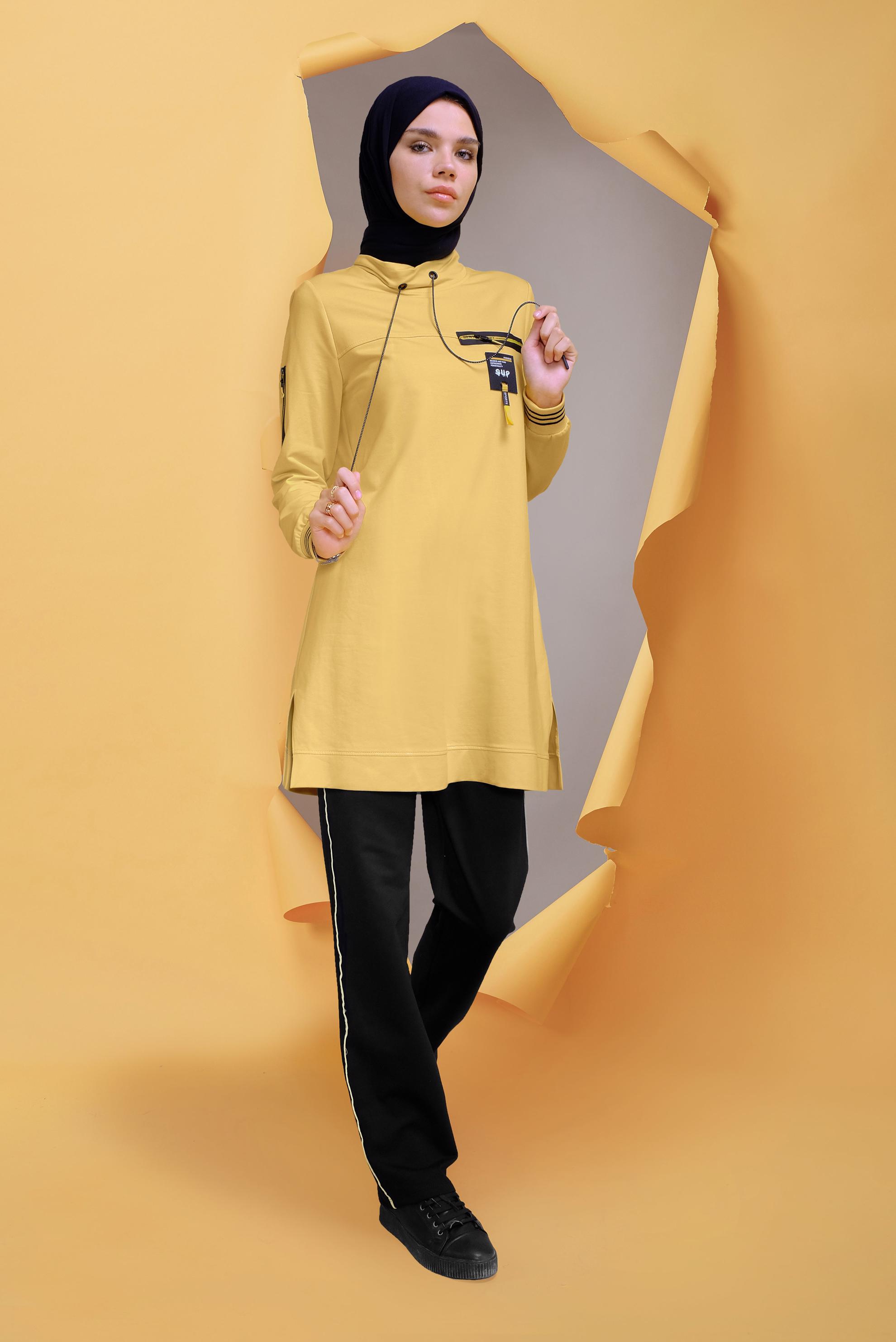 Tesettür giyim SARI MANŞETLERİ LASTİKLİ FERMUAR DETAYLI PANT. EŞOFMAN TAKIMI 41718 