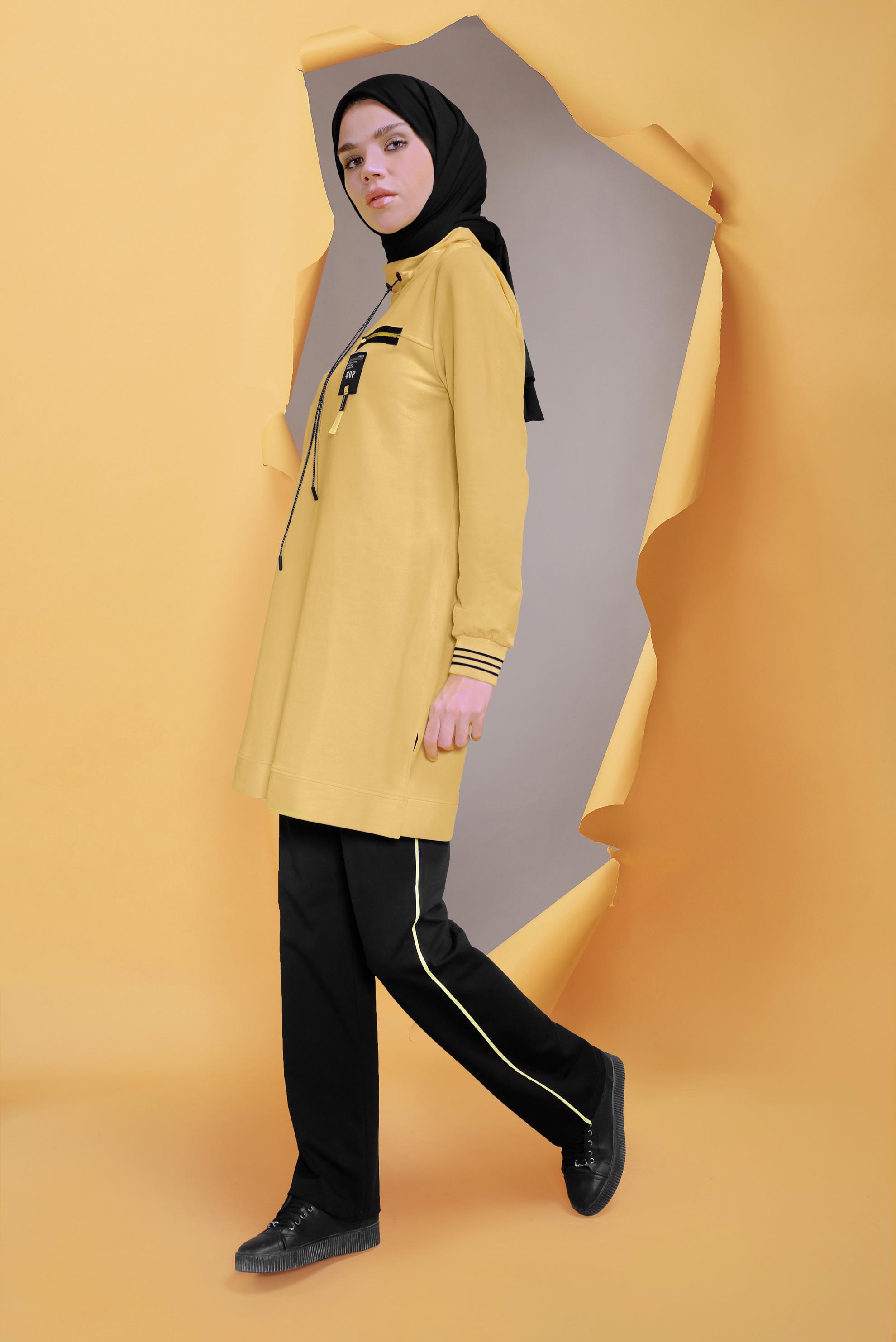 Tesettür giyim SARI MANŞETLERİ LASTİKLİ FERMUAR DETAYLI PANT. EŞOFMAN TAKIMI 41718 