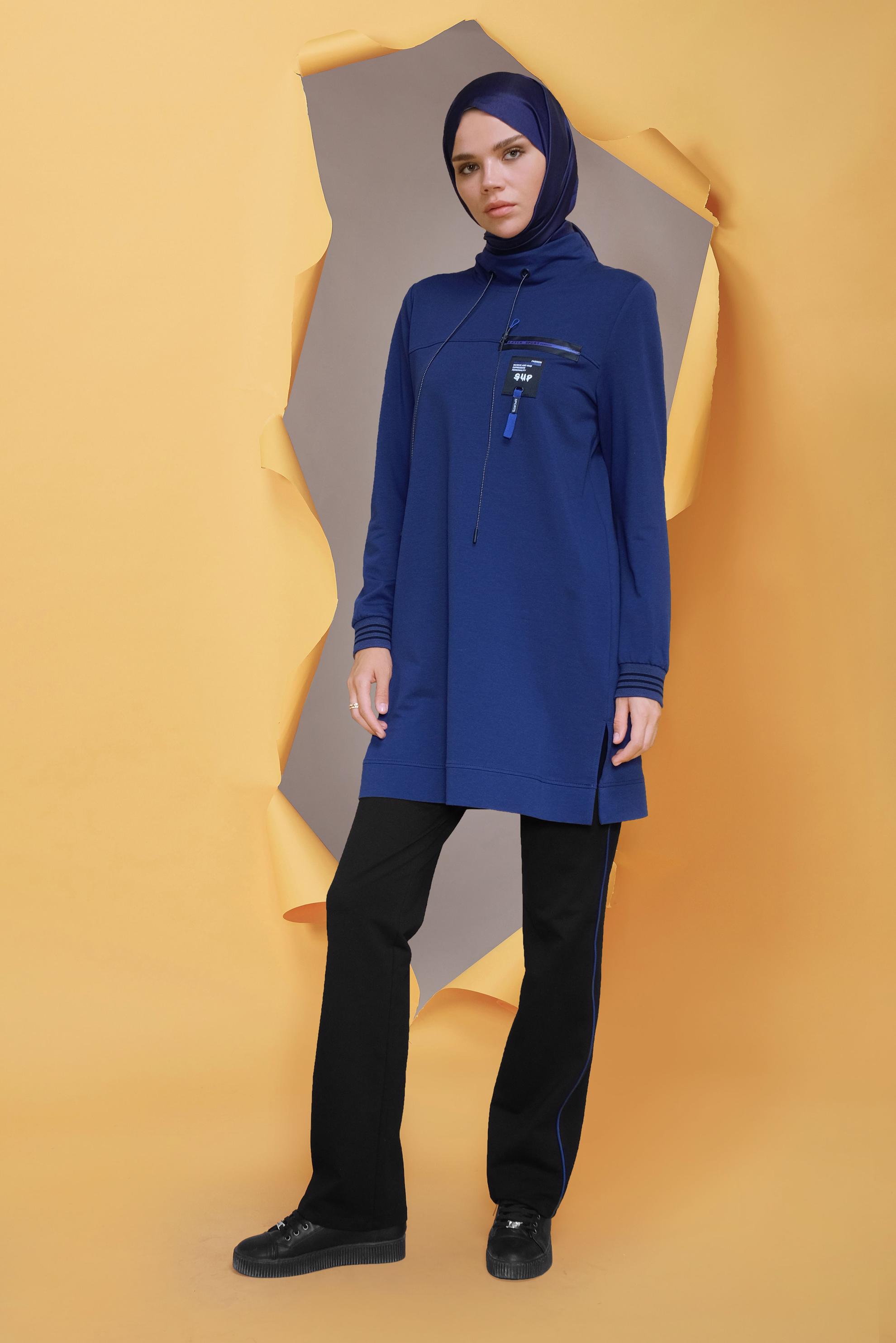 Tesettür giyim LACİVERT MANŞETLERİ LASTİKLİ FERMUAR DETAYLI PANT. EŞOFMAN TAKIMI 41718 