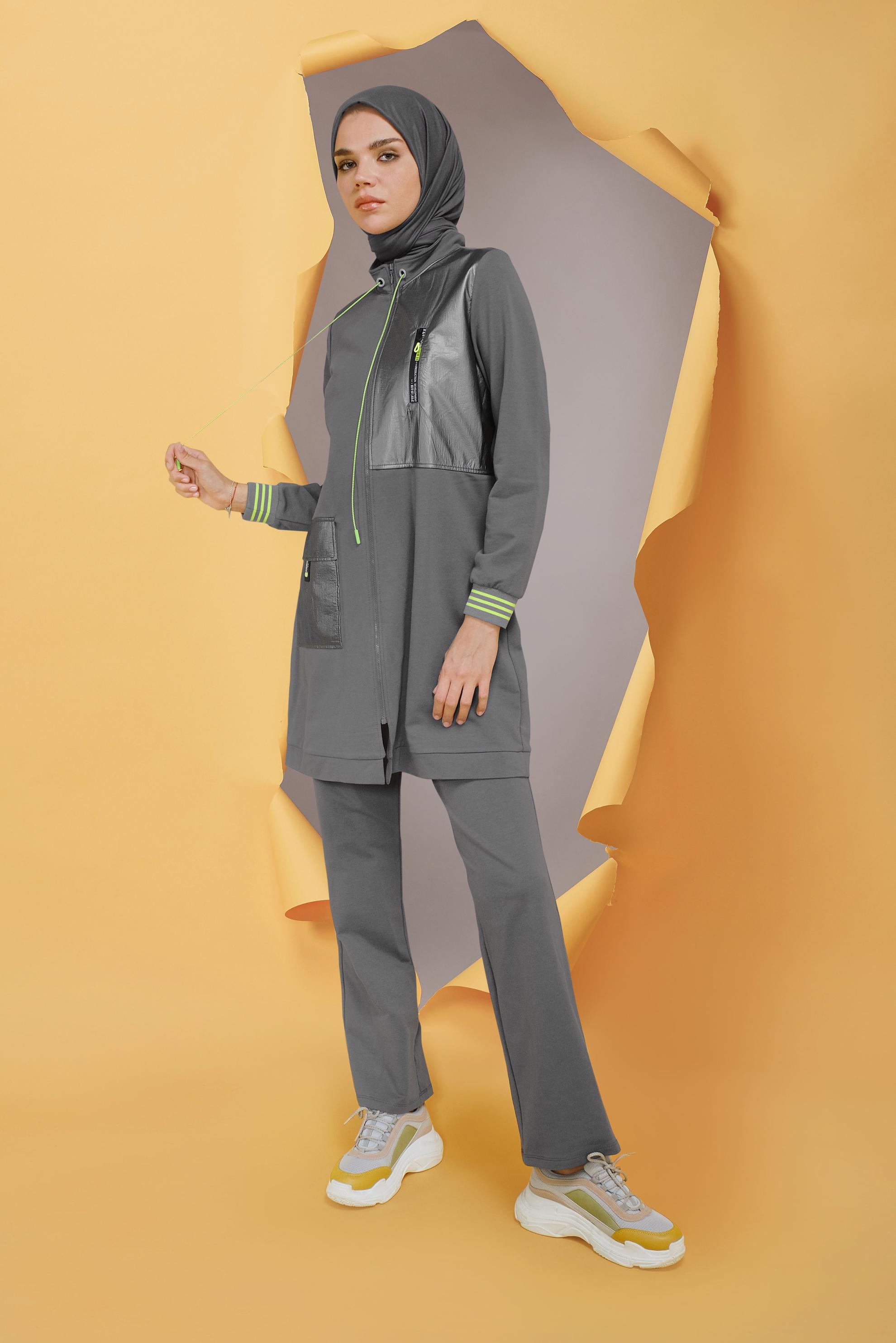 Tesettür giyim GRİ FERMUARLI HAKİM YAKA EŞOFMAN TAKIMI 41719