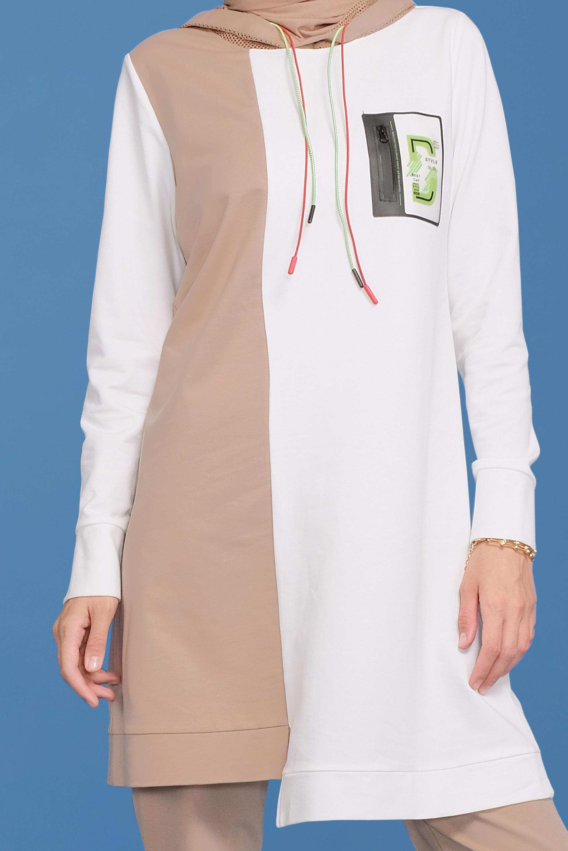 Tesettür giyim BEJ CEP DETAYLI İKİ RENK KAPÜŞONLU EŞOFMAN TAKIMI 41720