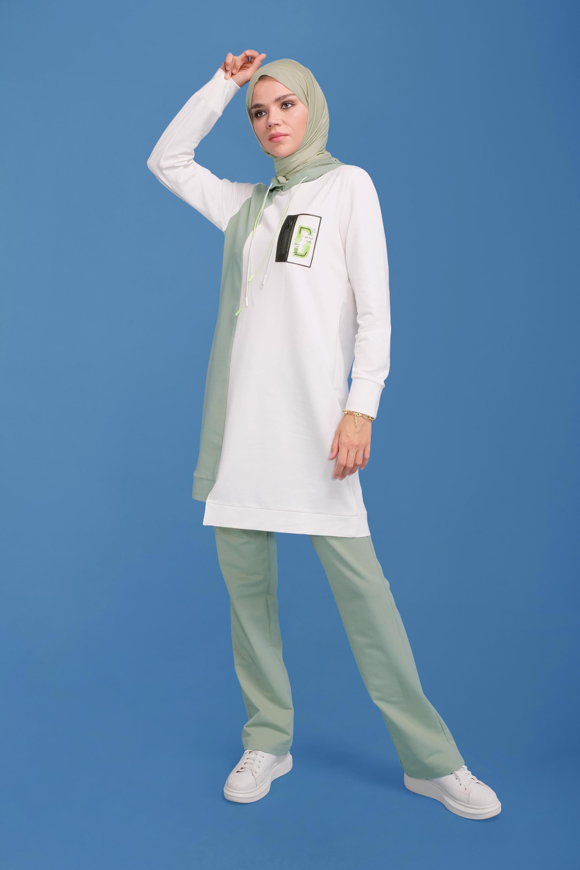Tesettür giyim YEŞİL CEP DETAYLI İKİ RENK KAPÜŞONLU EŞOFMAN TAKIMI 41720