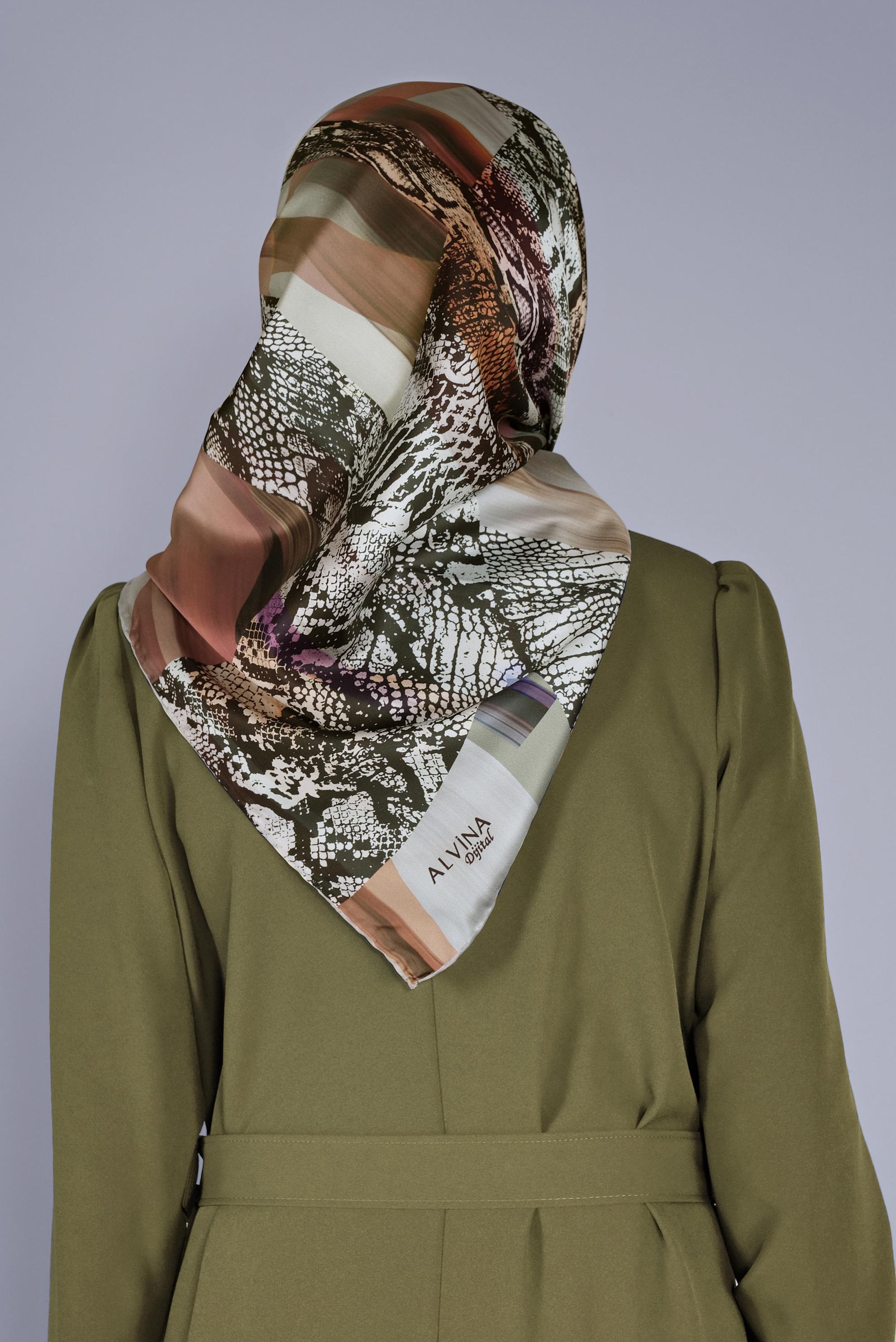 Tesettür giyim VİZON ALVİNA DİJİTAL TWİLL EŞARP 6100 