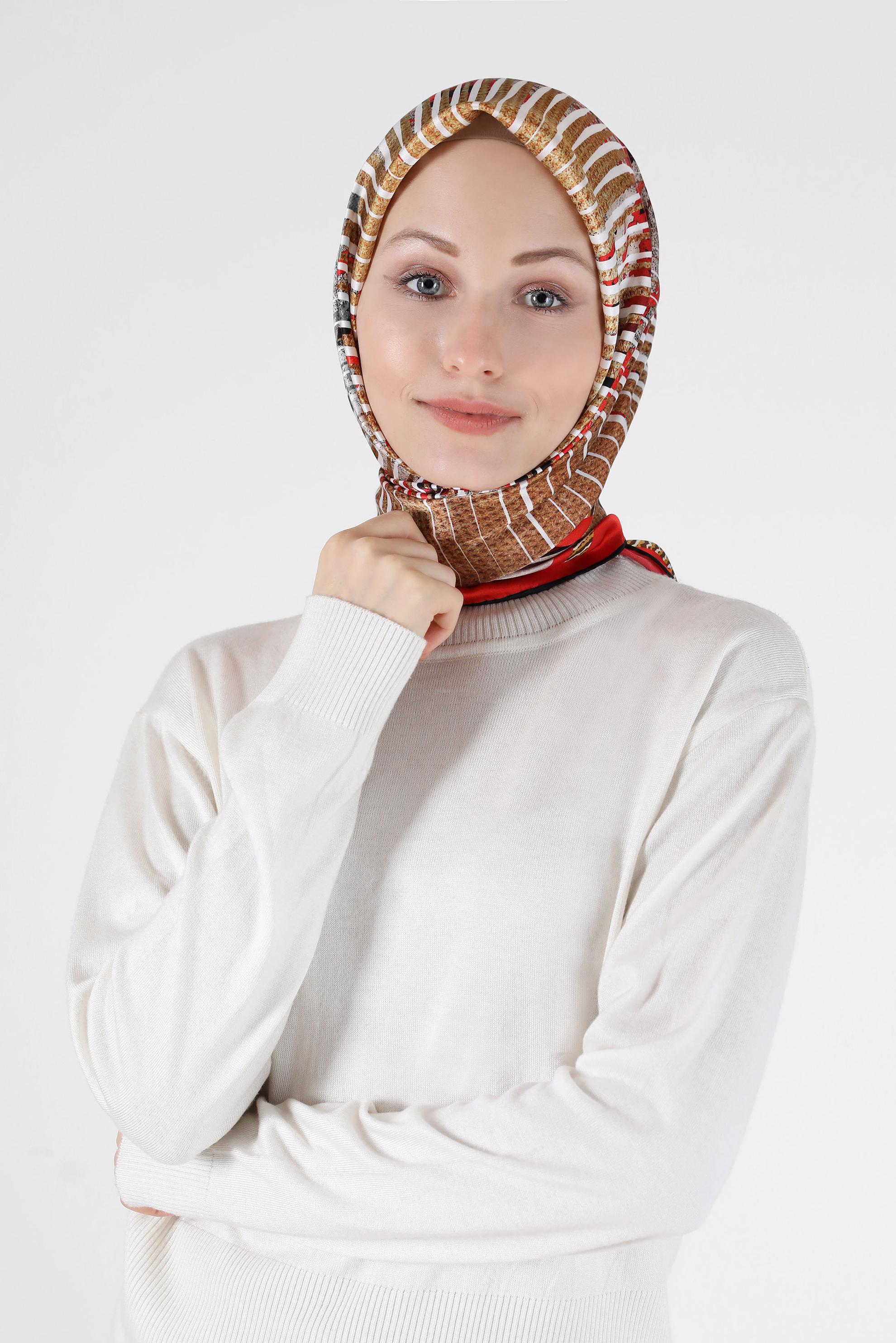 Tesettür giyim KIRMIZI ALVİNA DESENLİ İPEK EŞARP 23901 