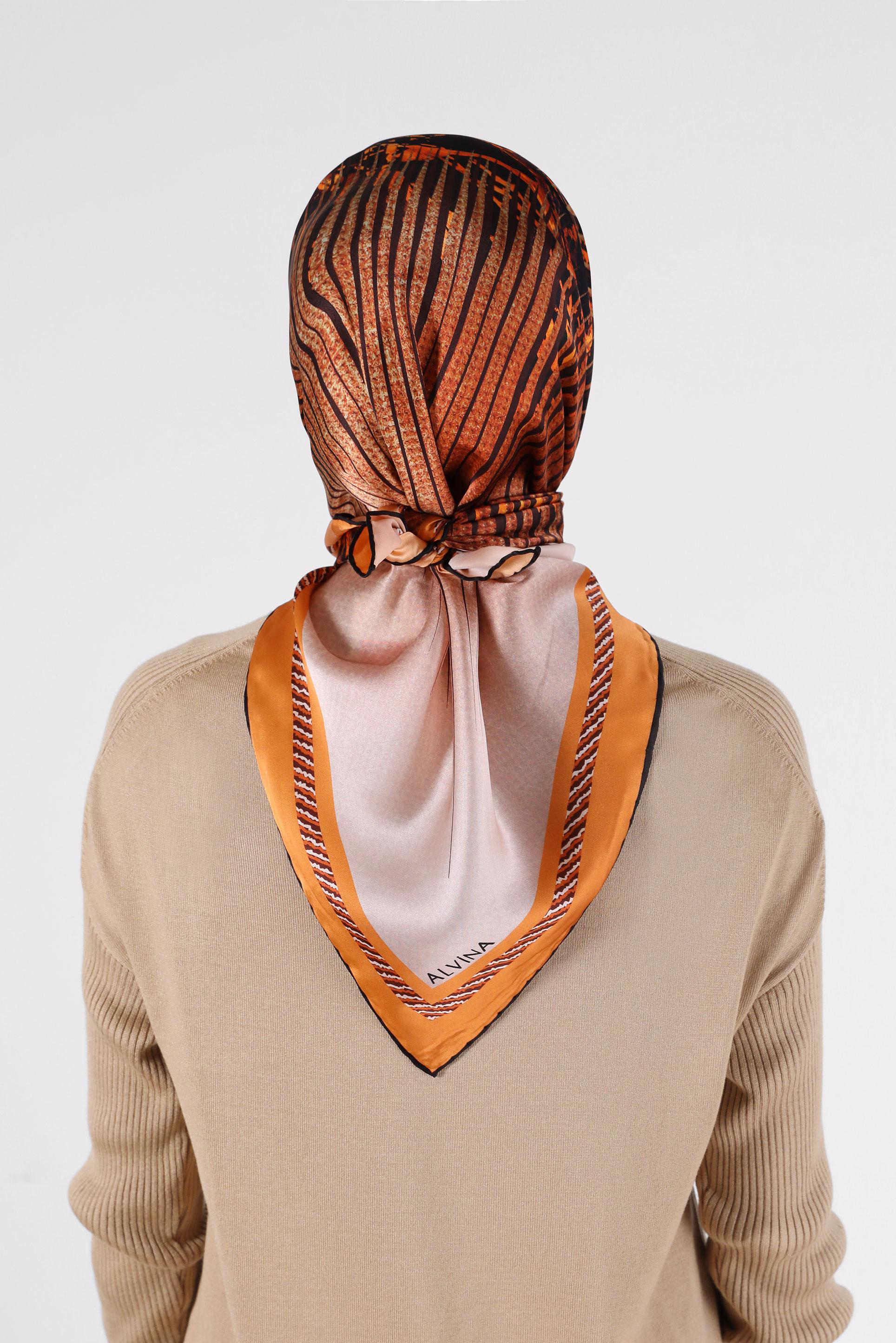 Tesettür giyim TURUNCU ALVİNA DESENLİ İPEK EŞARP 23901 