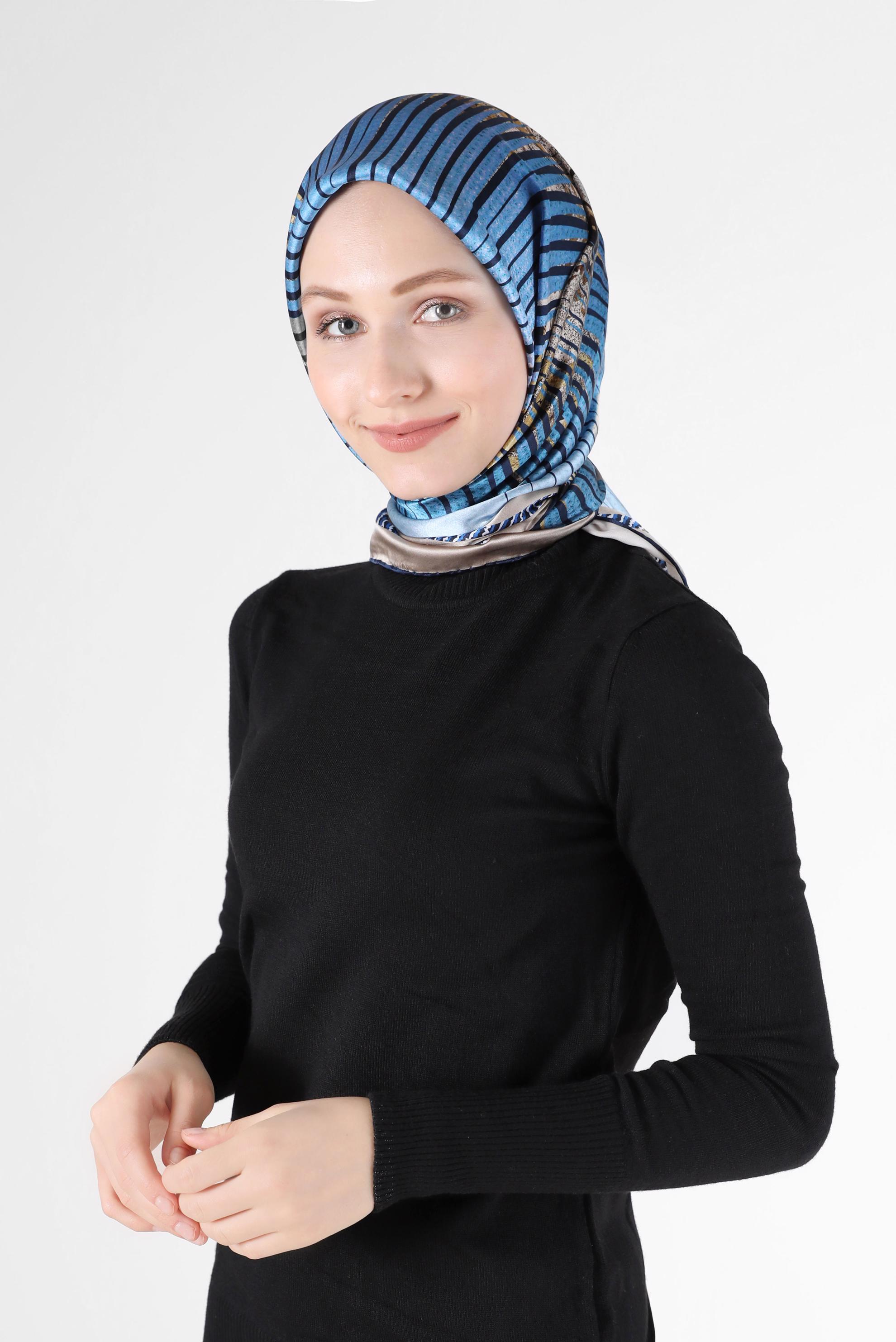 Tesettür giyim LACİVERT ALVİNA DESENLİ İPEK EŞARP 23901 