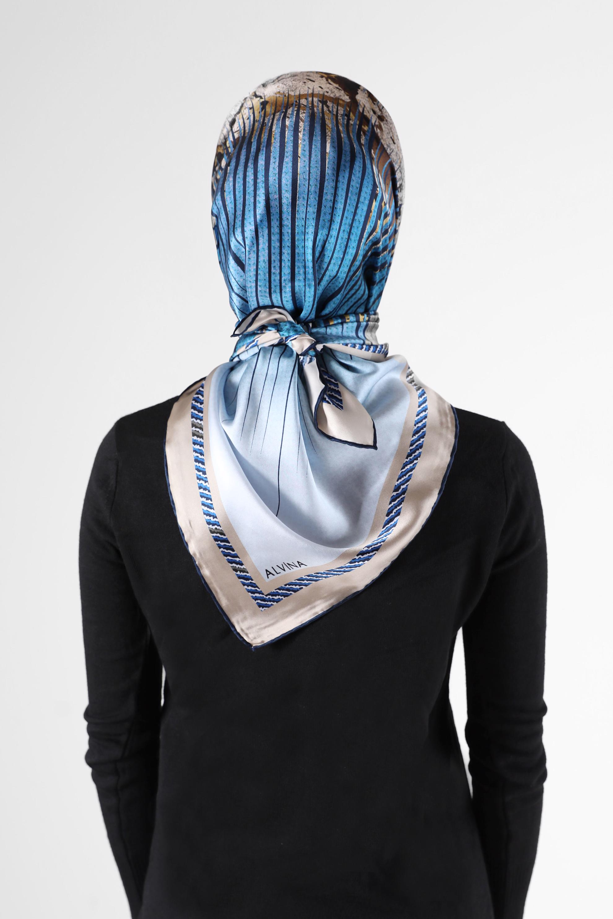 Tesettür giyim LACİVERT ALVİNA DESENLİ İPEK EŞARP 23901 